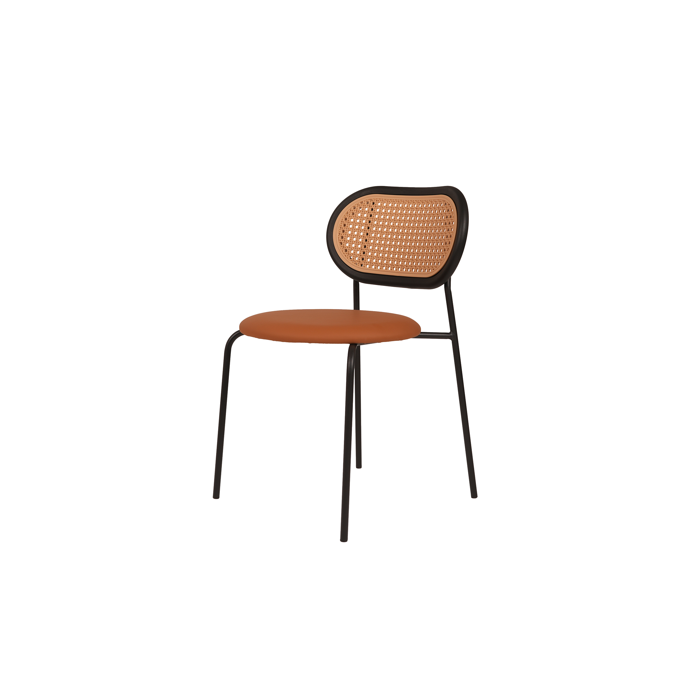 A stylish chair with an oval rattan backrest and a cushioned brown seat. It has sleek black metal legs, conveying a modern and minimalist design.