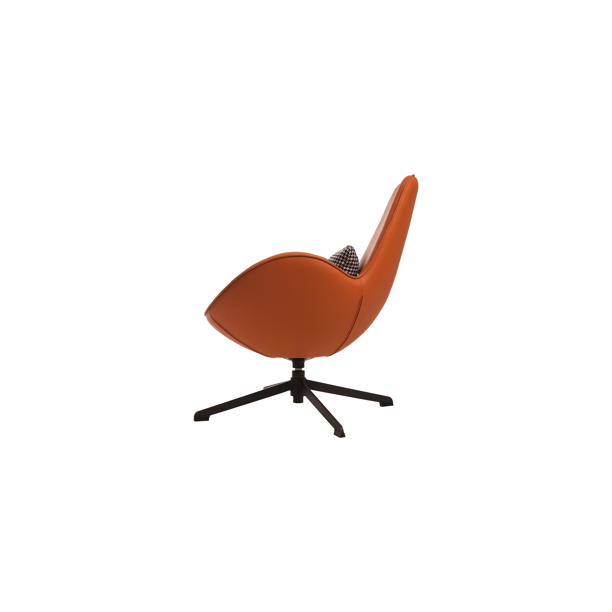 A modern orange swivel chair with wide armrests and a houndstooth-patterned cushion. The chair sits on a black metal base, conveying a sleek, stylish look.