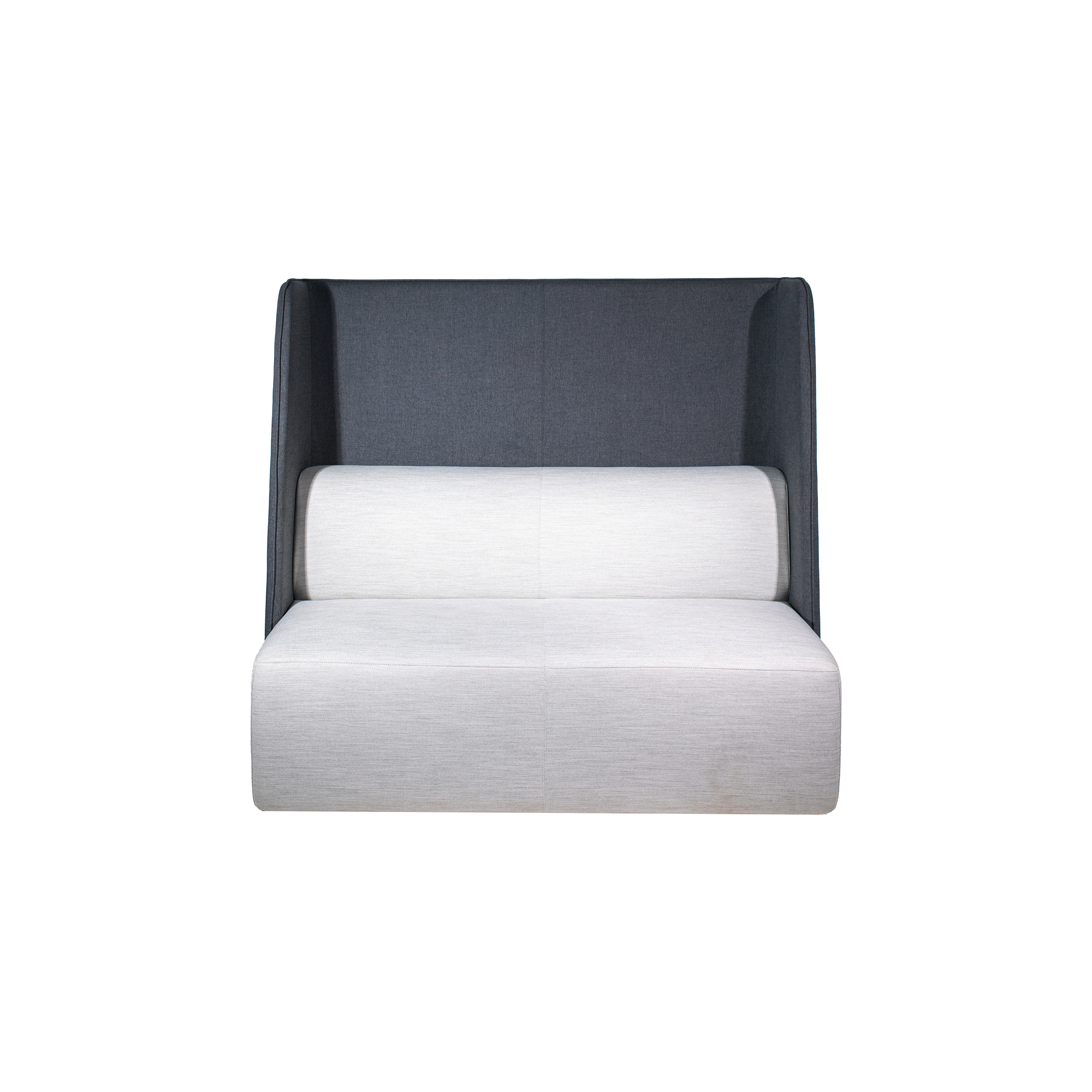 A modern, minimalist sofa with a high, dark gray backrest and light gray cushioned seat. Creates a cozy, stylish, and private seating area.