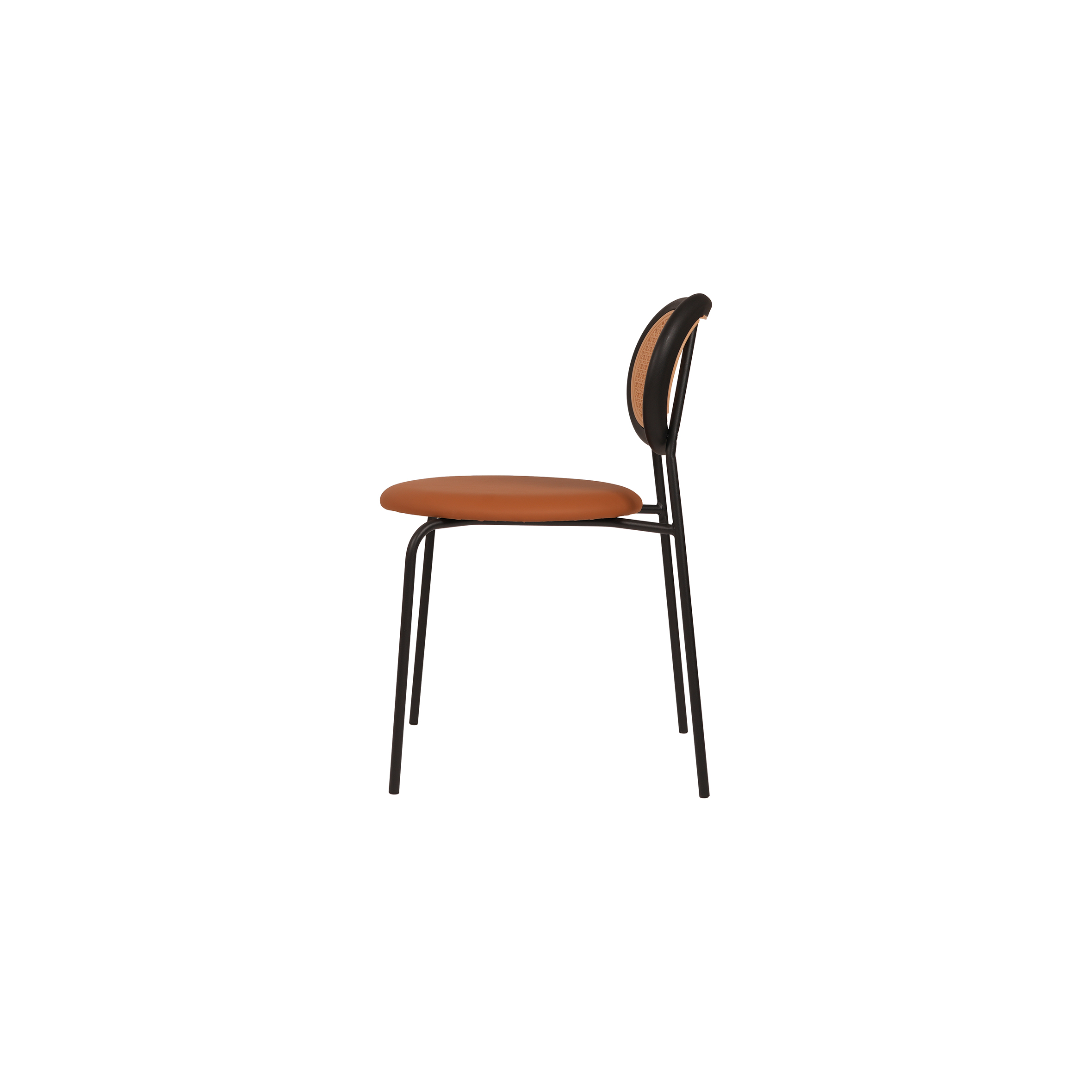 A stylish chair with an oval rattan backrest and a cushioned brown seat. It has sleek black metal legs, conveying a modern and minimalist design.