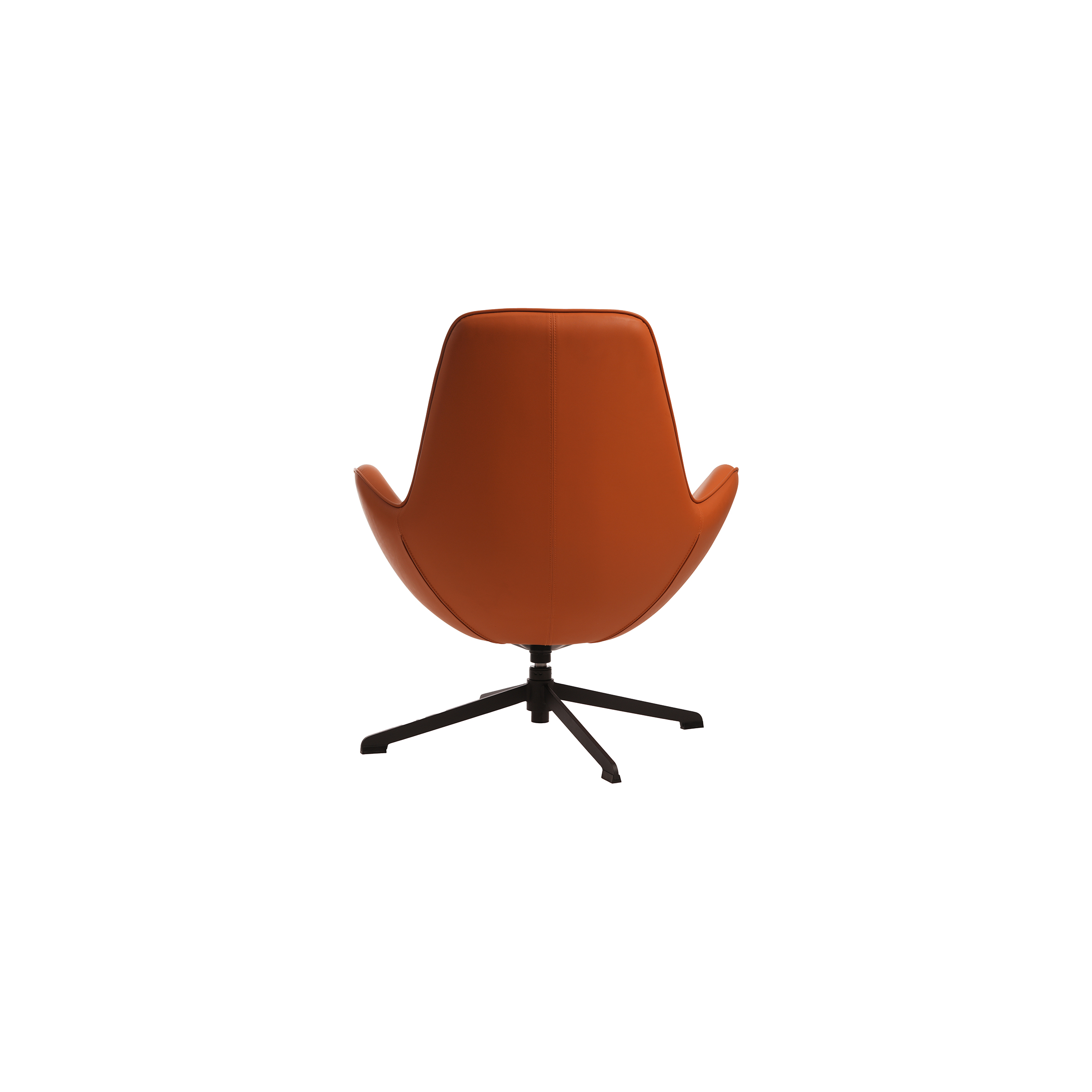 A modern orange swivel chair with wide armrests and a houndstooth-patterned cushion. The chair sits on a black metal base, conveying a sleek, stylish look.