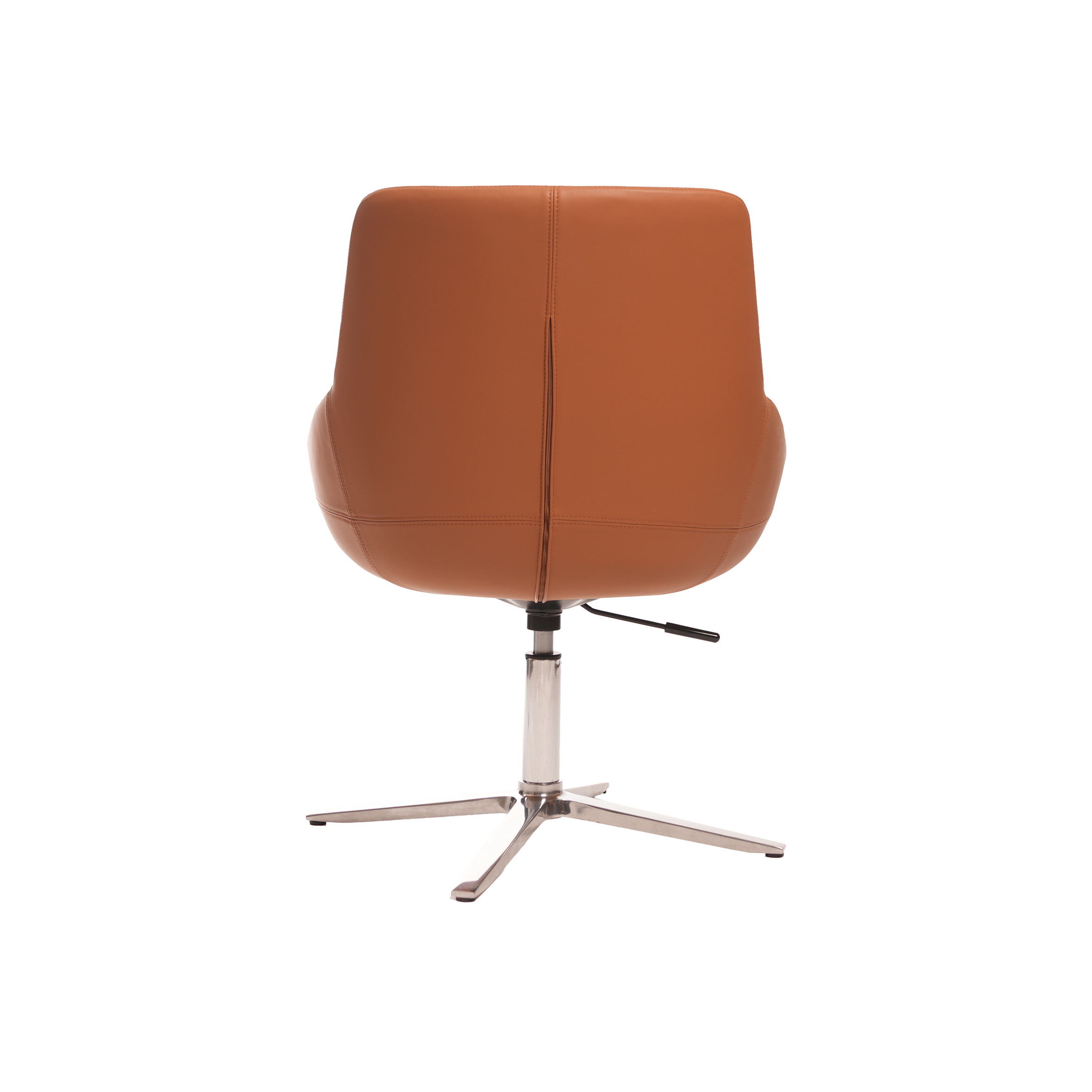 Modern brown leather swivel chair with a curved backrest and cushioned seat, set on a chrome four-legged base, offering a sleek, stylish look.