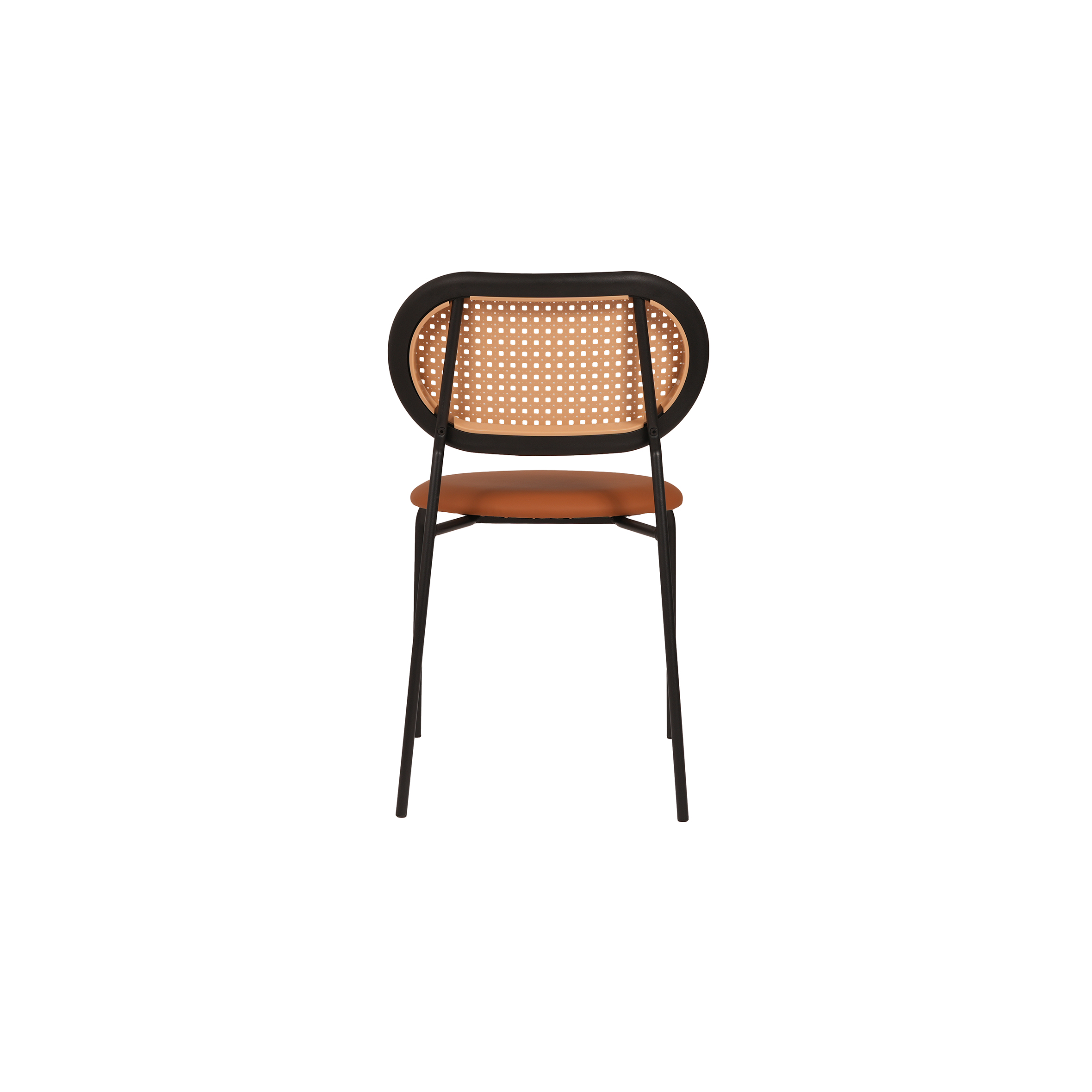 A stylish chair with an oval rattan backrest and a cushioned brown seat. It has sleek black metal legs, conveying a modern and minimalist design.