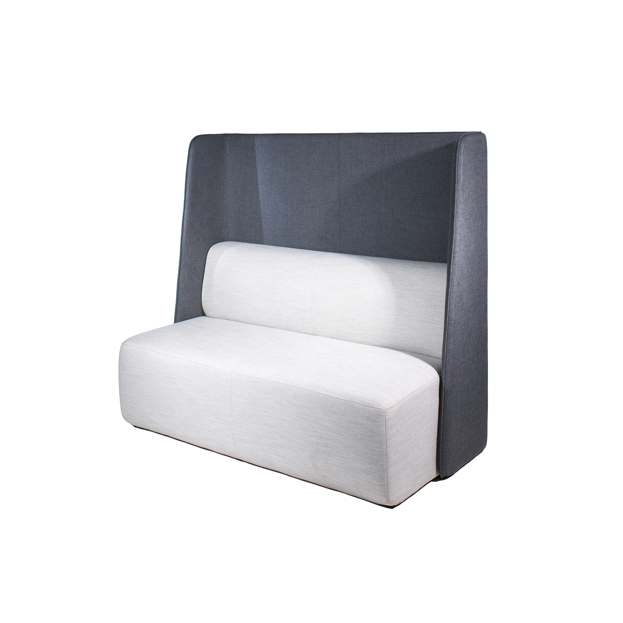 A modern, minimalist sofa with a high, dark gray backrest and light gray cushioned seat. Creates a cozy, stylish, and private seating area.