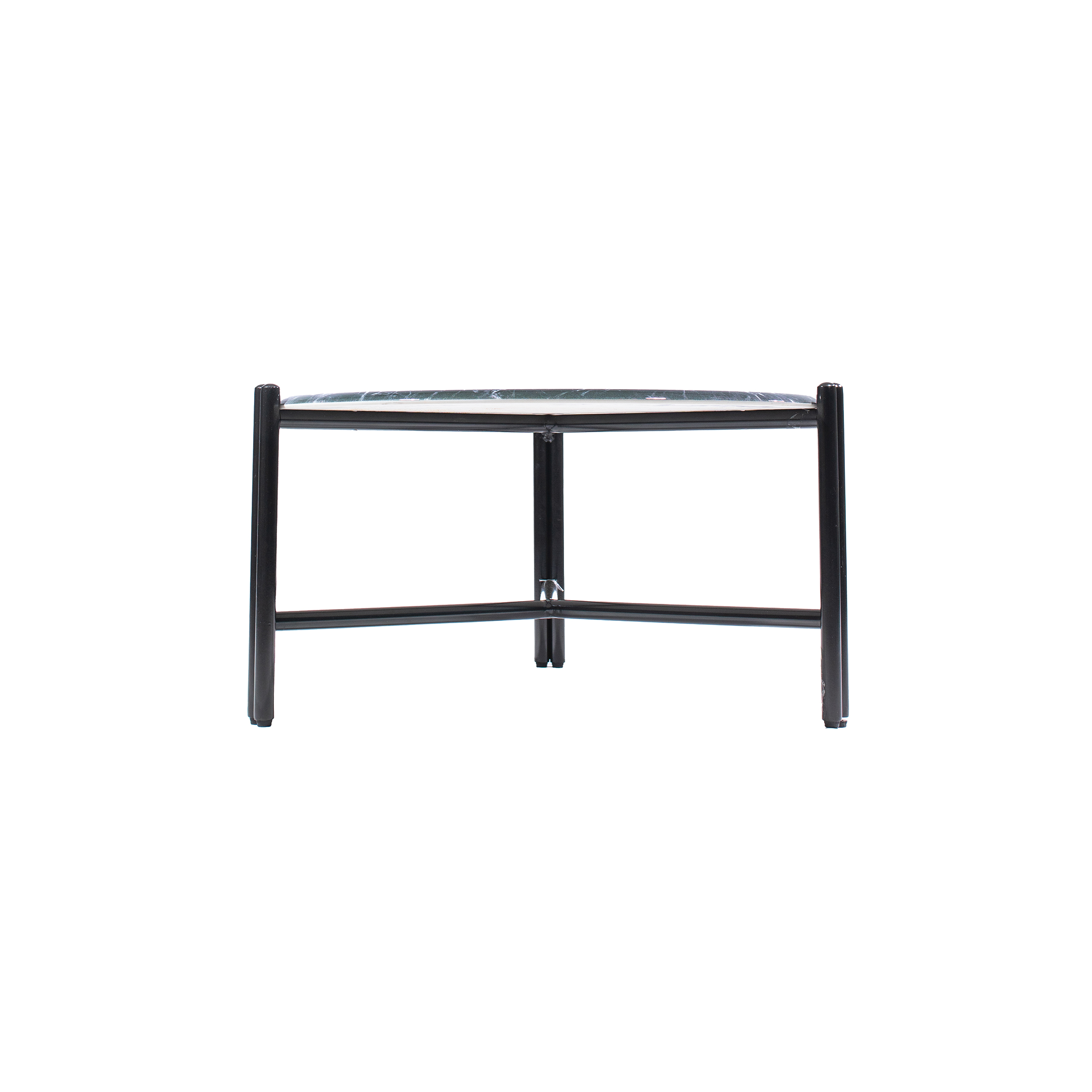 Round coffee table with a dark green and white marble top and sleek black metal legs, exuding a modern and elegant style.