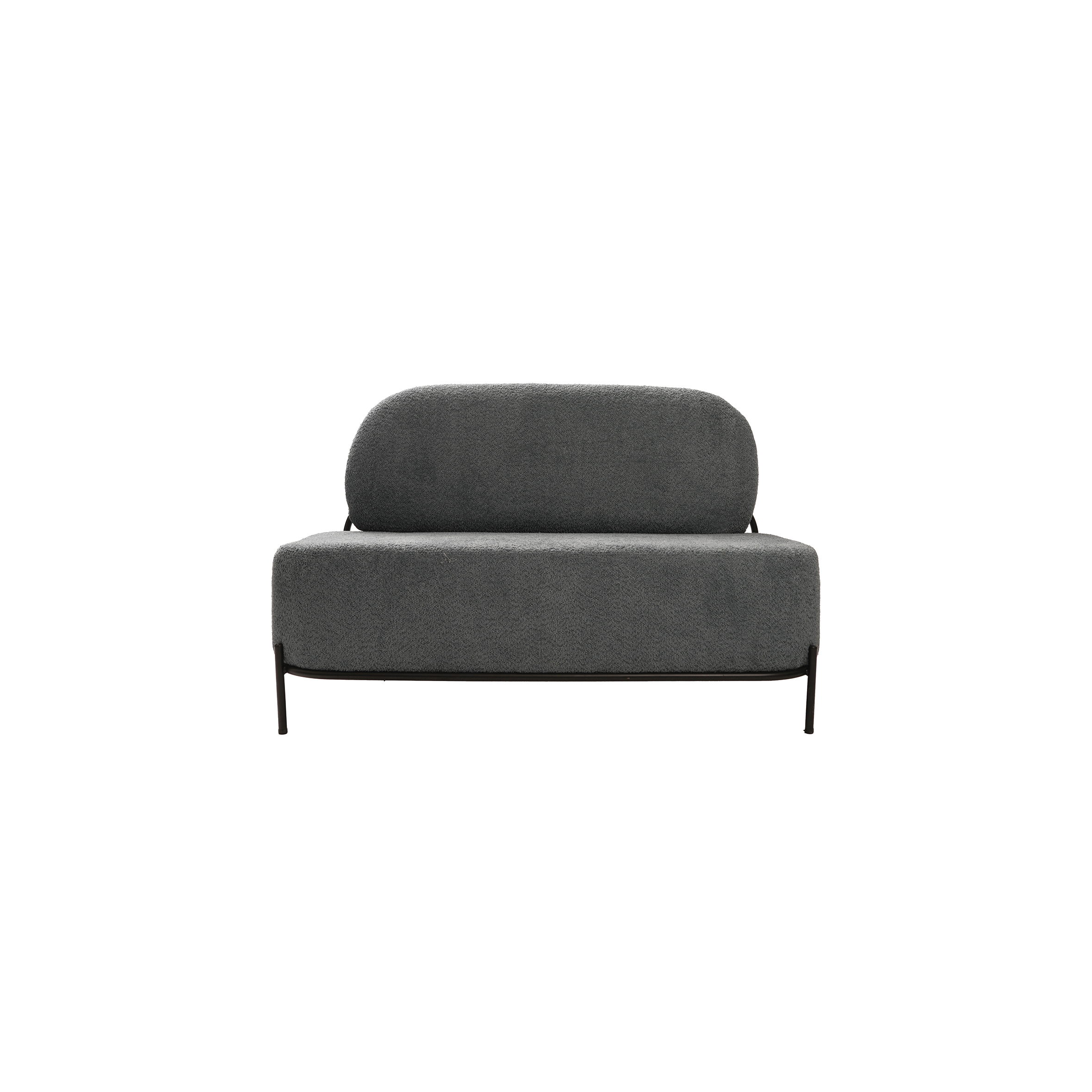 A modern loveseat with a curved design and plush gray upholstery. It has a minimalist black metal frame, conveying a sleek and contemporary feel.