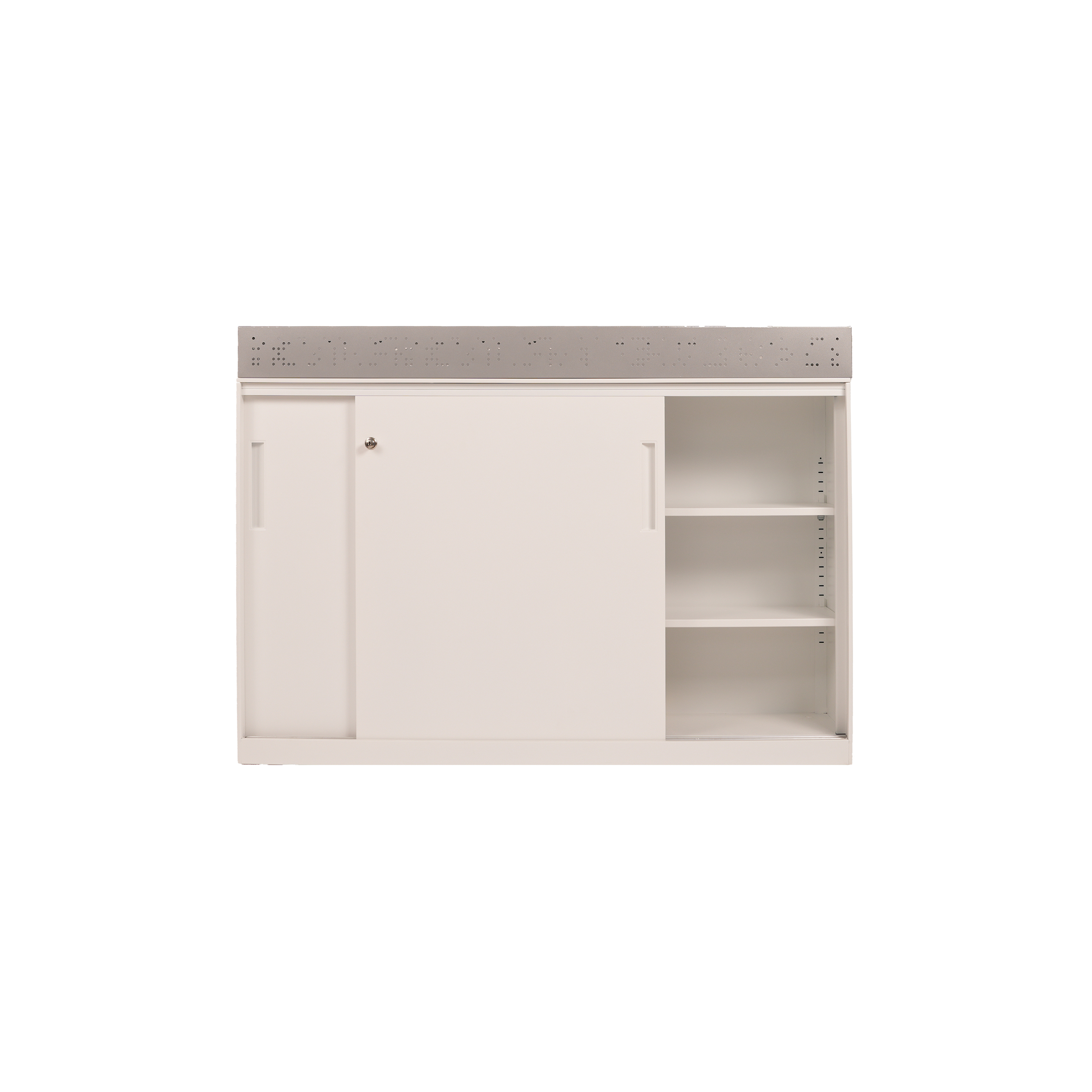 White cabinet with metal perforated top, sliding doors—one locked, one open—to reveal three shelves. Modern and minimalistic design.