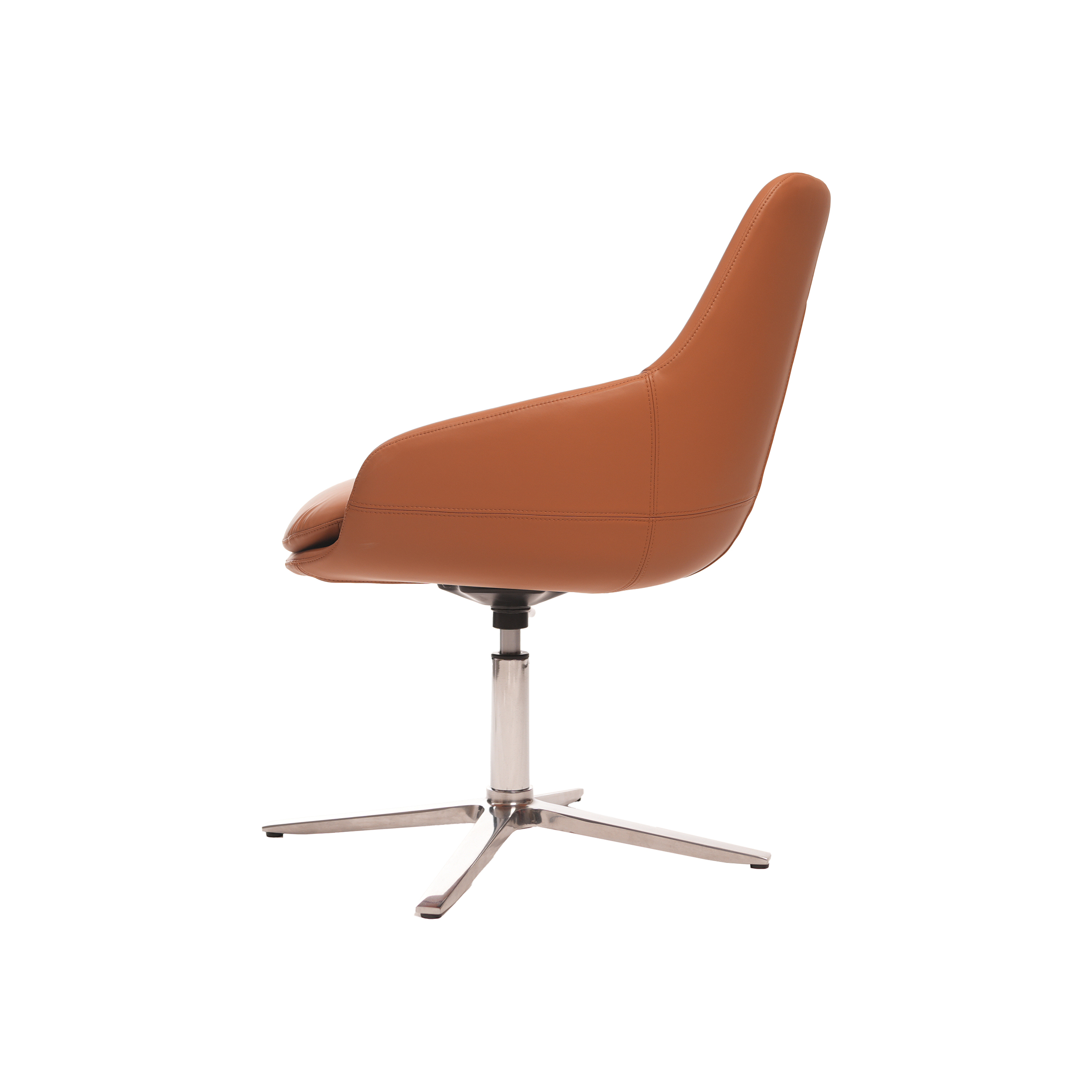 Modern brown leather swivel chair with a curved backrest and cushioned seat, set on a chrome four-legged base, offering a sleek, stylish look.