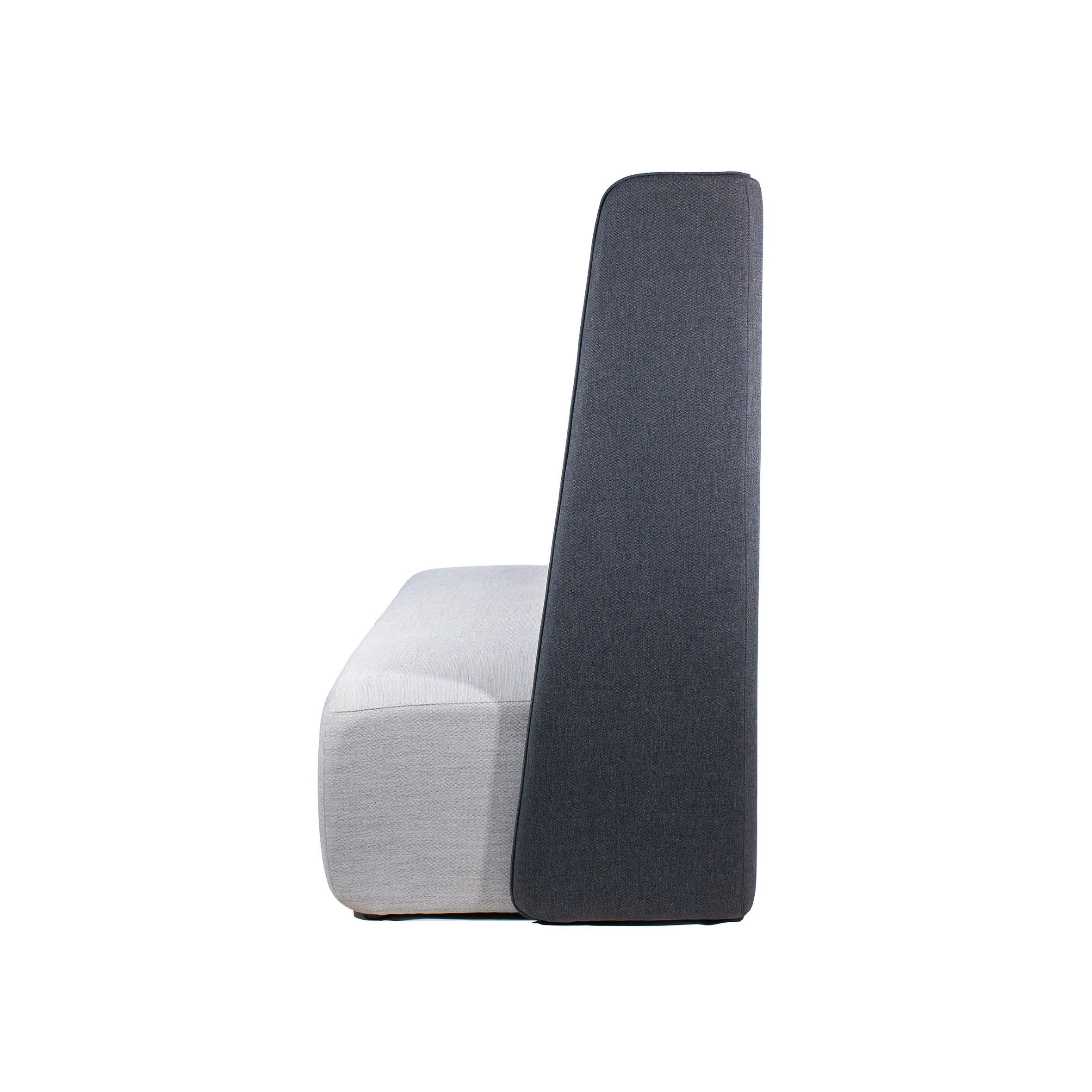 A modern, minimalist sofa with a high, dark gray backrest and light gray cushioned seat. Creates a cozy, stylish, and private seating area.