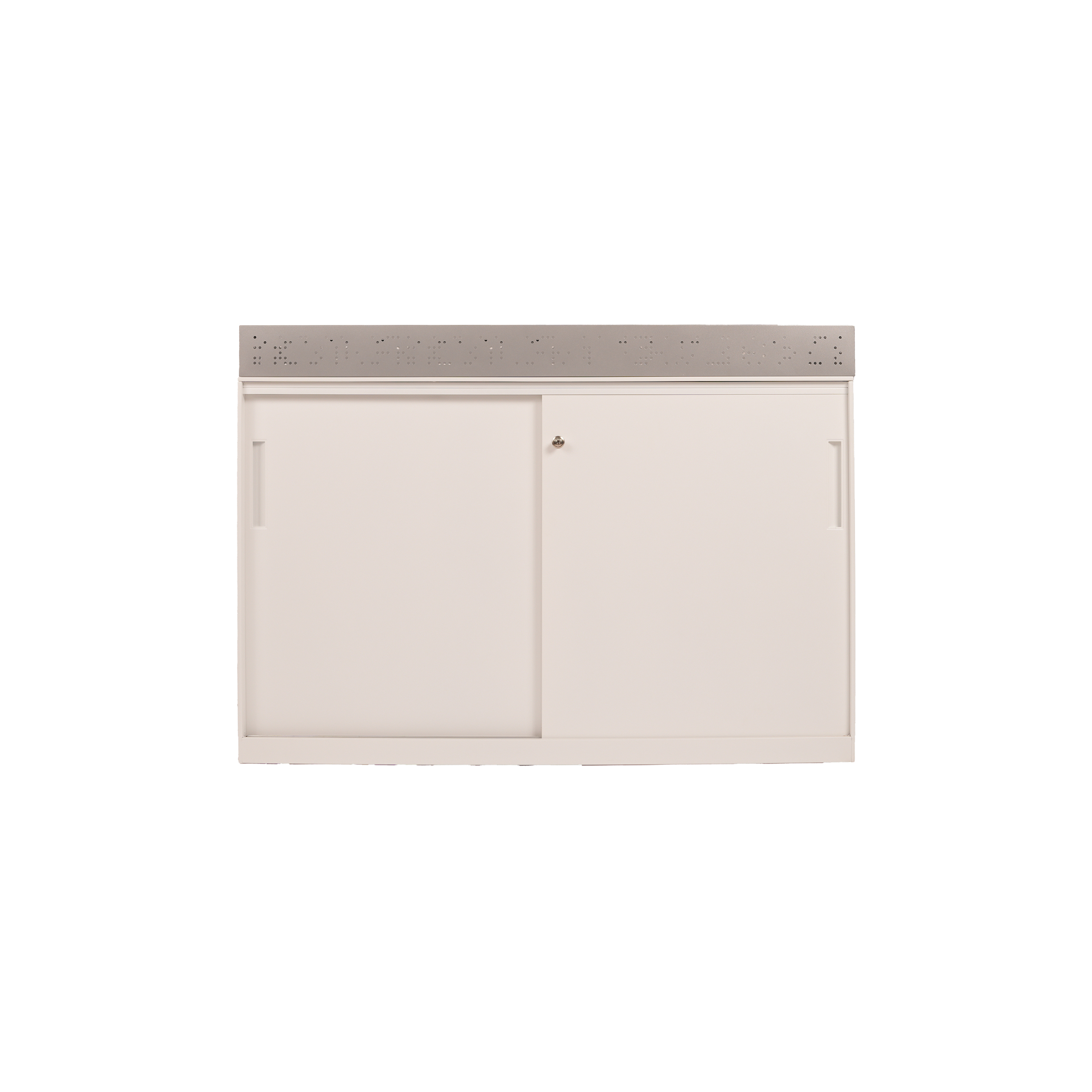 White cabinet with metal perforated top, sliding doors—one locked, one open—to reveal three shelves. Modern and minimalistic design.