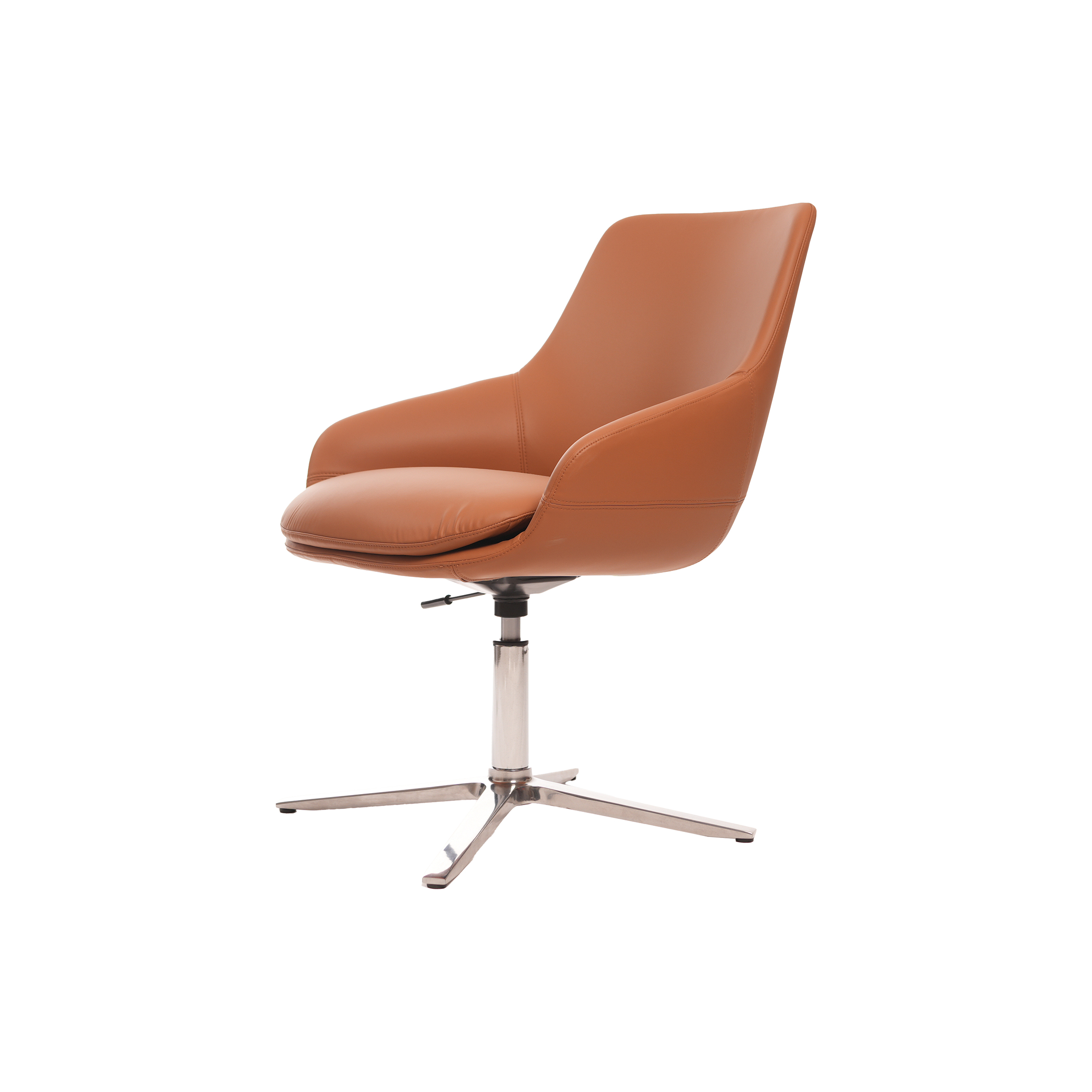 Modern brown leather swivel chair with a curved backrest and cushioned seat, set on a chrome four-legged base, offering a sleek, stylish look.
