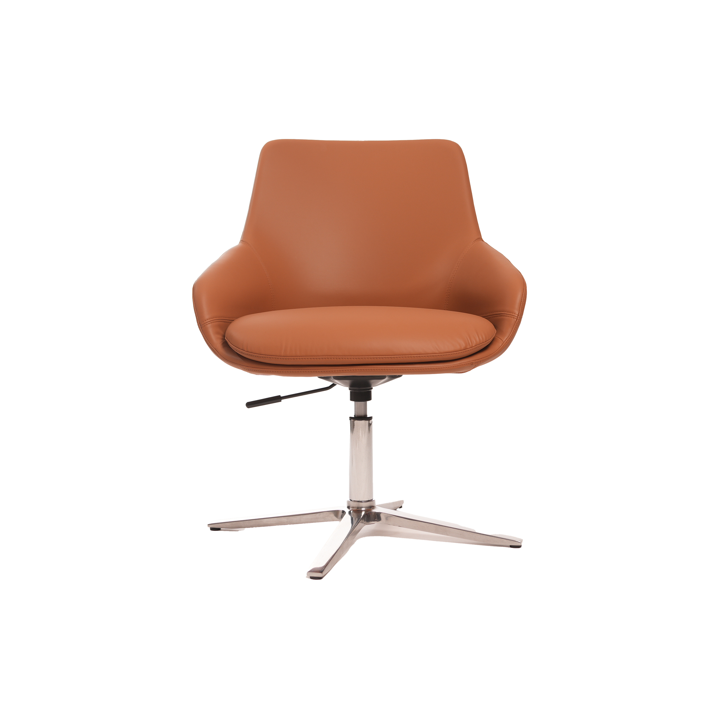 Modern brown leather swivel chair with a curved backrest and cushioned seat, set on a chrome four-legged base, offering a sleek, stylish look.