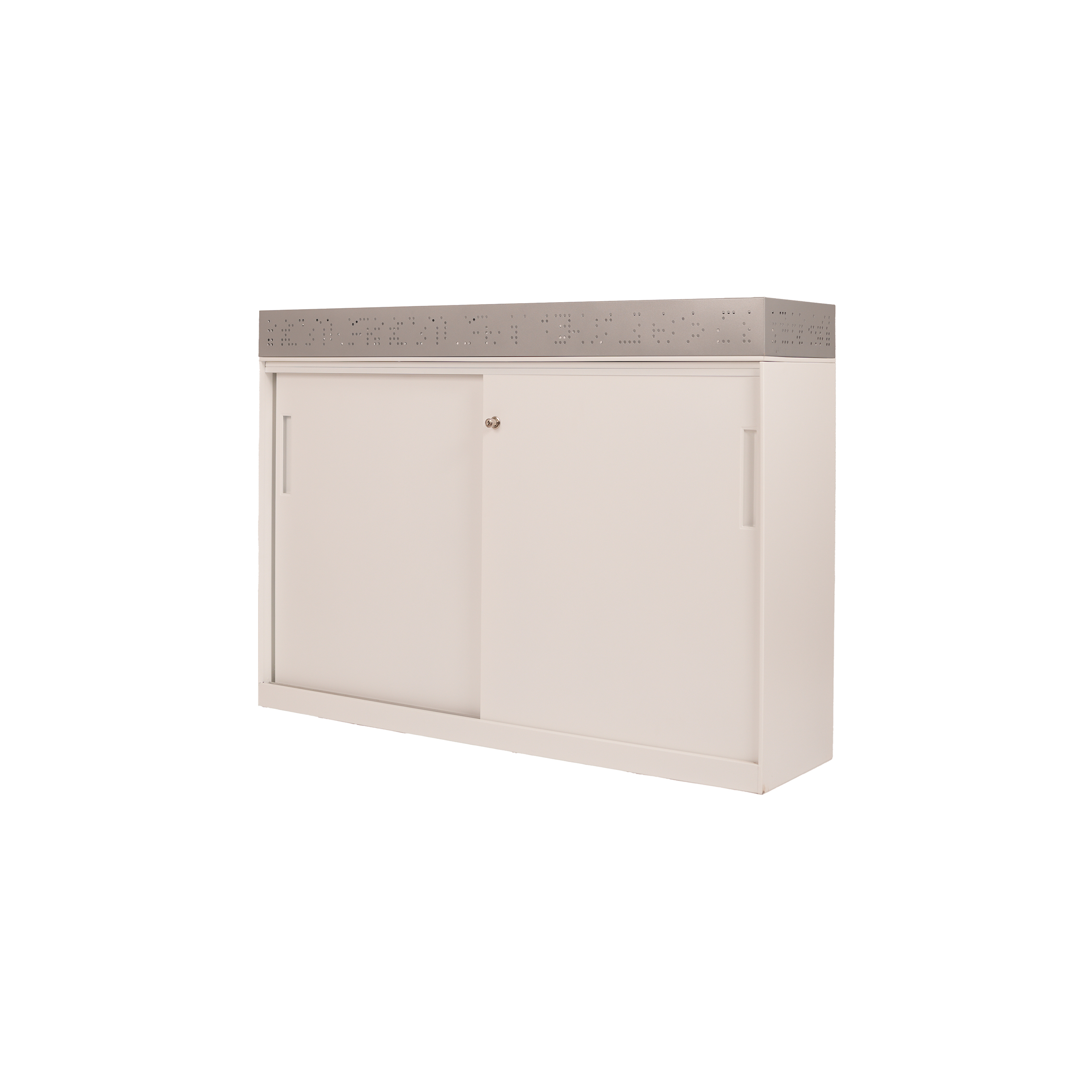 White cabinet with metal perforated top, sliding doors—one locked, one open—to reveal three shelves. Modern and minimalistic design.
