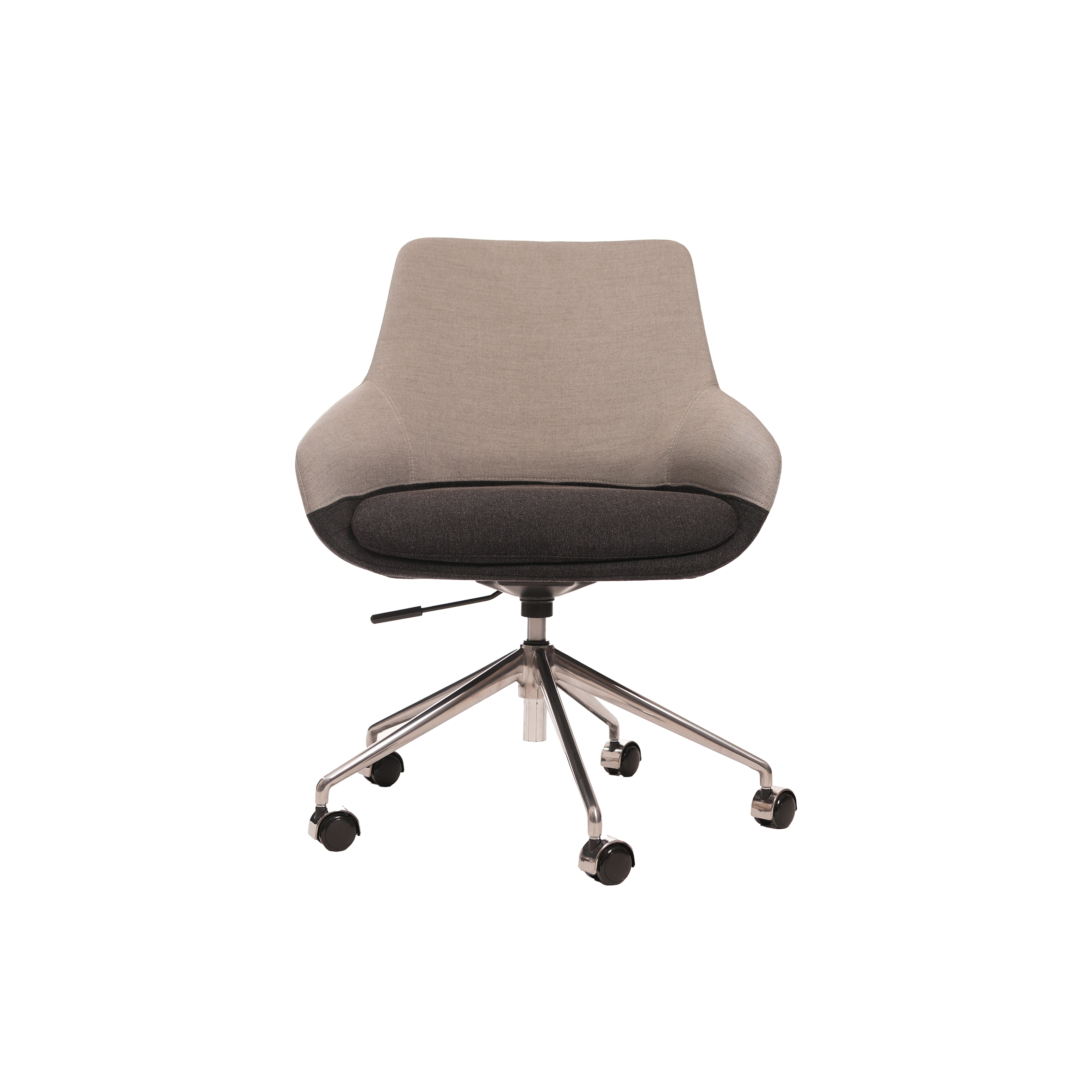 A modern swivel office chair with a beige upper and dark gray lower cushioned seat. It has a chrome base with five wheels, set against a white background.