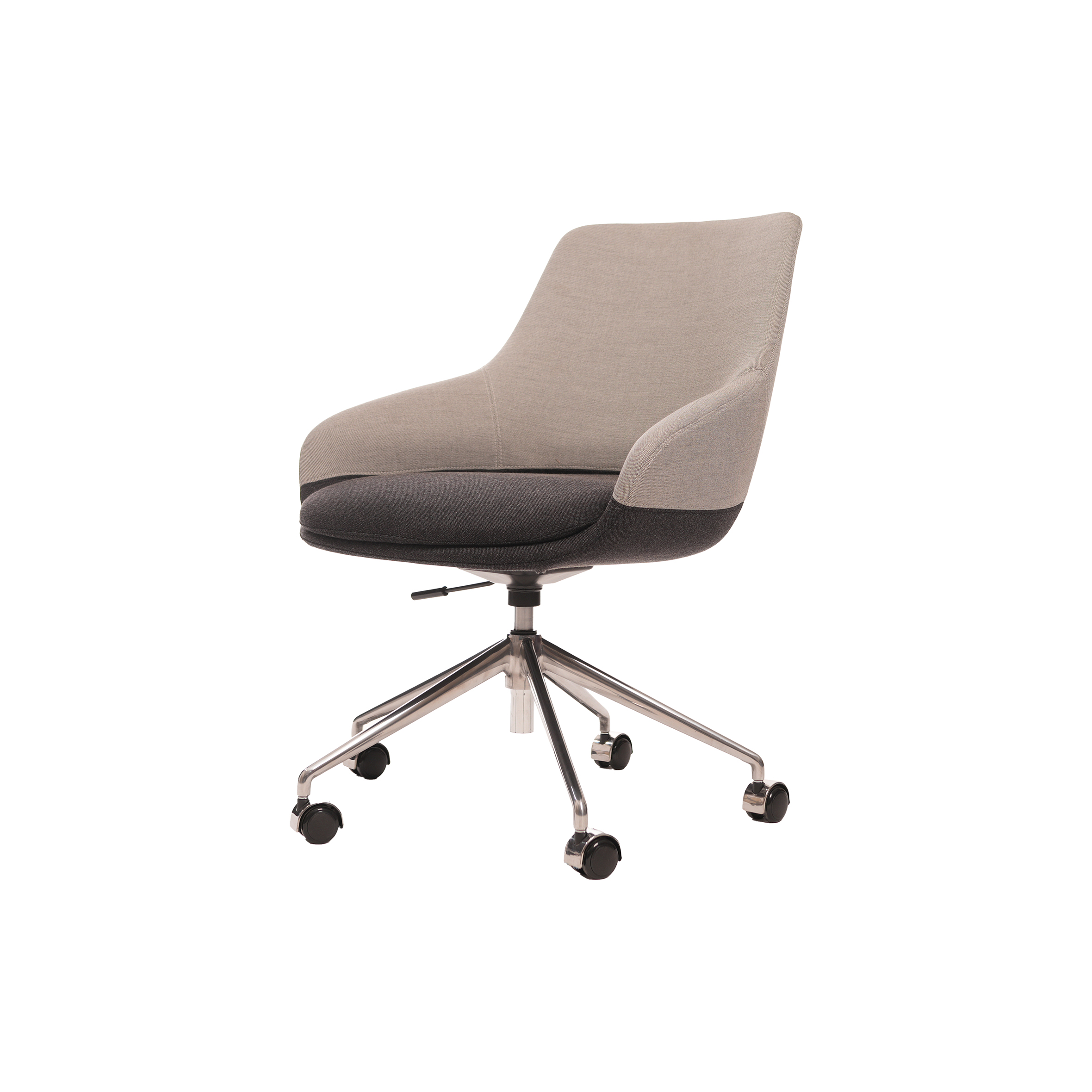 A modern swivel office chair with a beige upper and dark gray lower cushioned seat. It has a chrome base with five wheels, set against a white background.