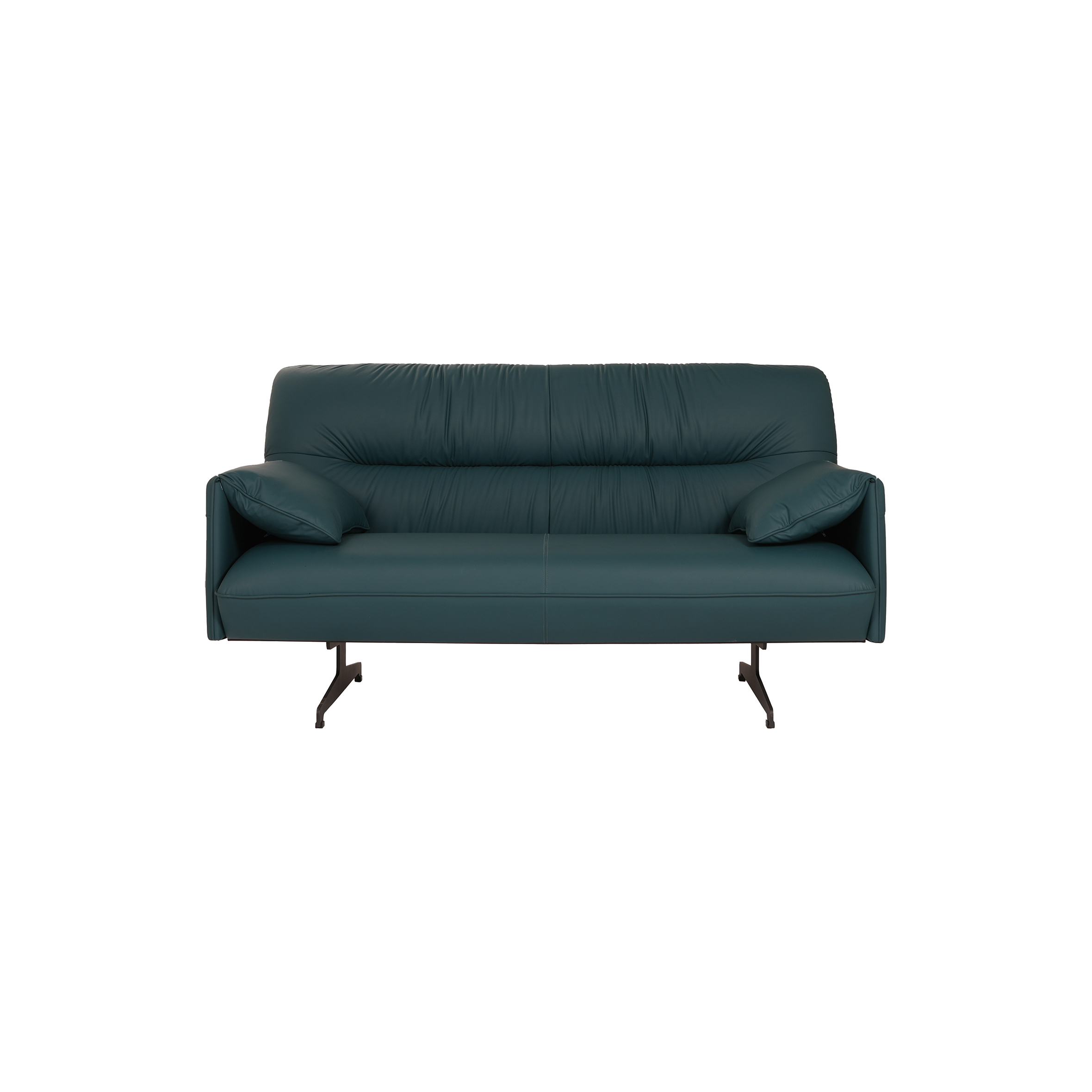 Dark green leather sofa with a modern design, featuring sleek armrests and black metal legs. The sofa exudes a minimalist and contemporary style.