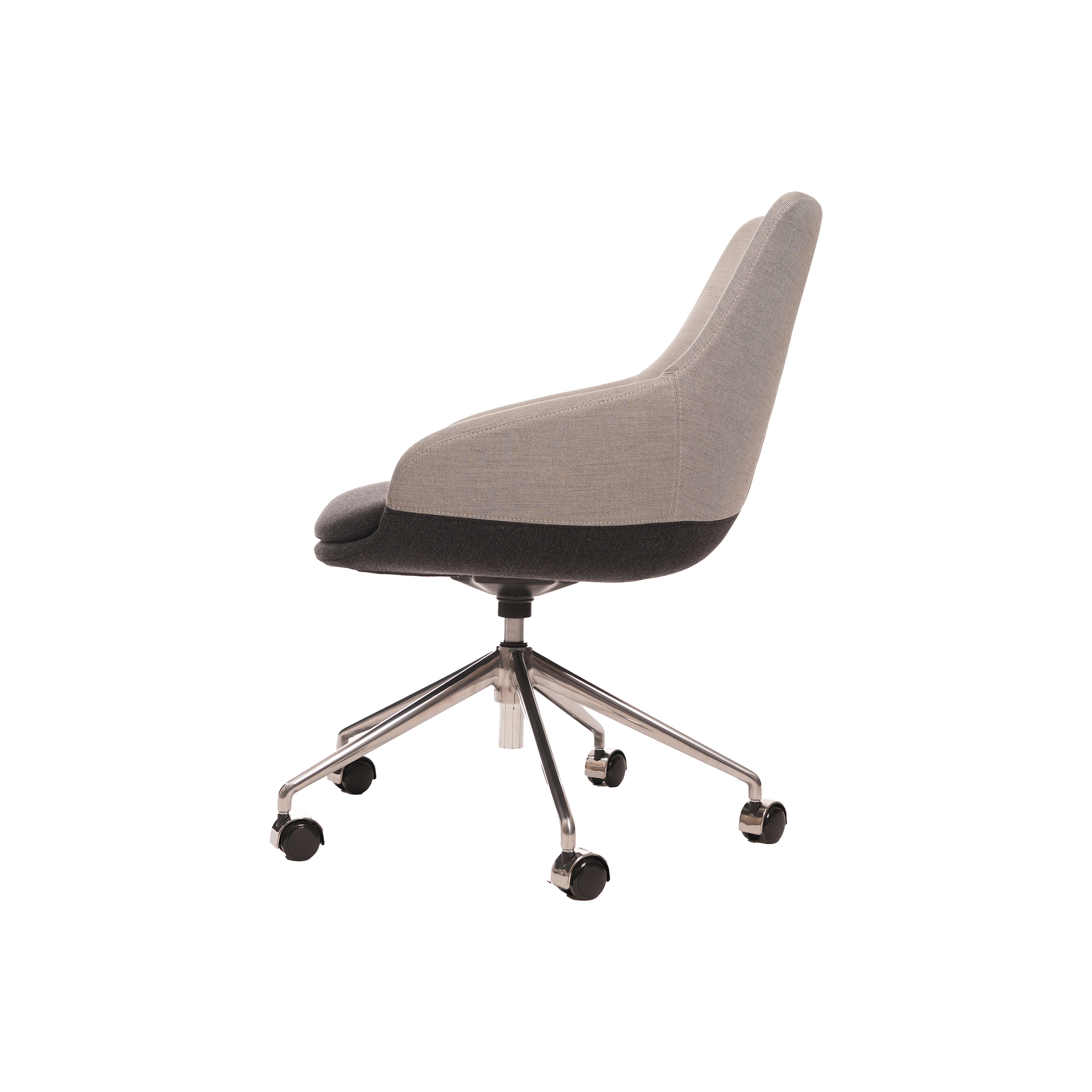 A modern swivel office chair with a beige upper and dark gray lower cushioned seat. It has a chrome base with five wheels, set against a white background.