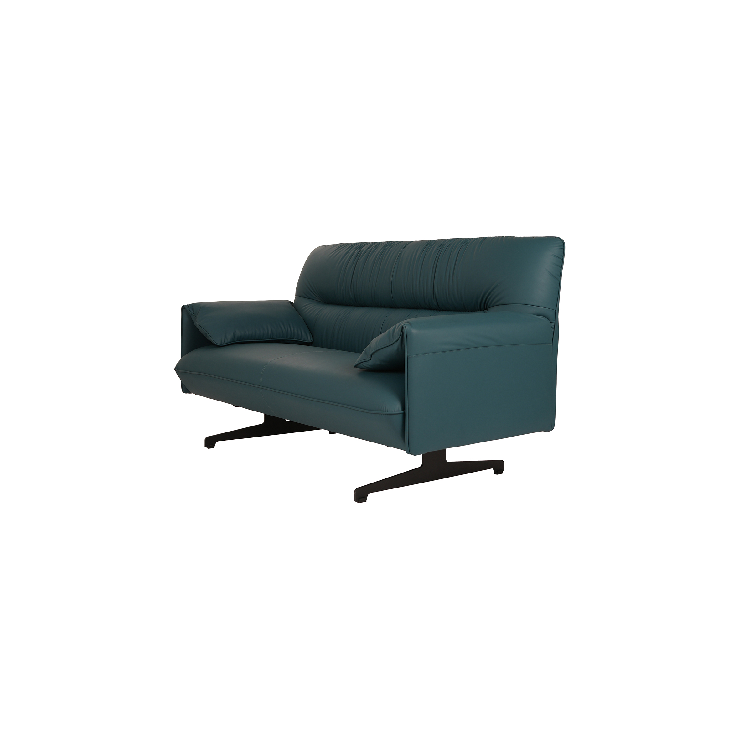 Dark green leather sofa with a modern design, featuring sleek armrests and black metal legs. The sofa exudes a minimalist and contemporary style.