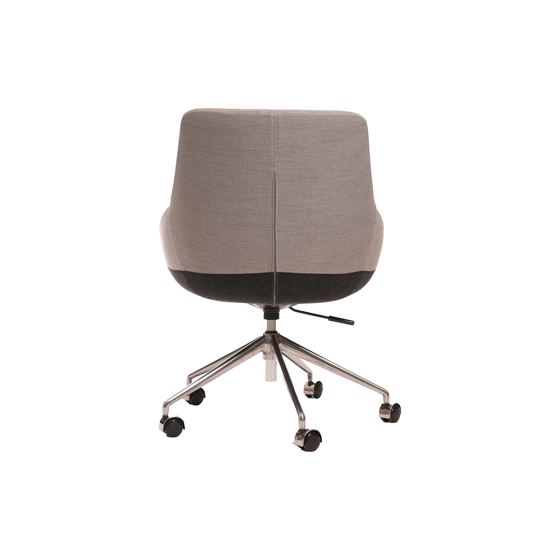 A modern swivel office chair with a beige upper and dark gray lower cushioned seat. It has a chrome base with five wheels, set against a white background.