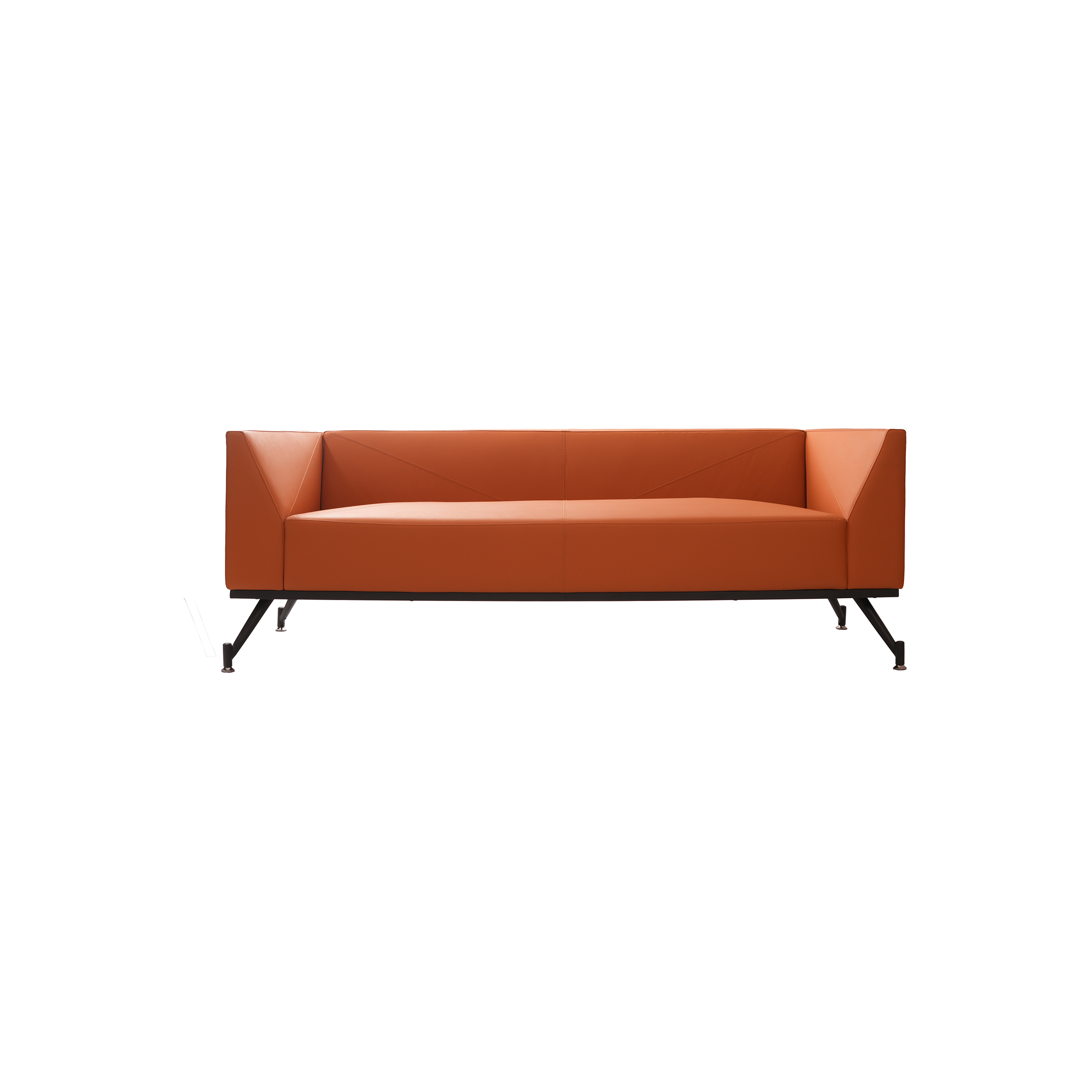 A modern, angular orange leather sofa with black metal legs. The sleek design and vibrant color convey a contemporary and stylish aesthetic.