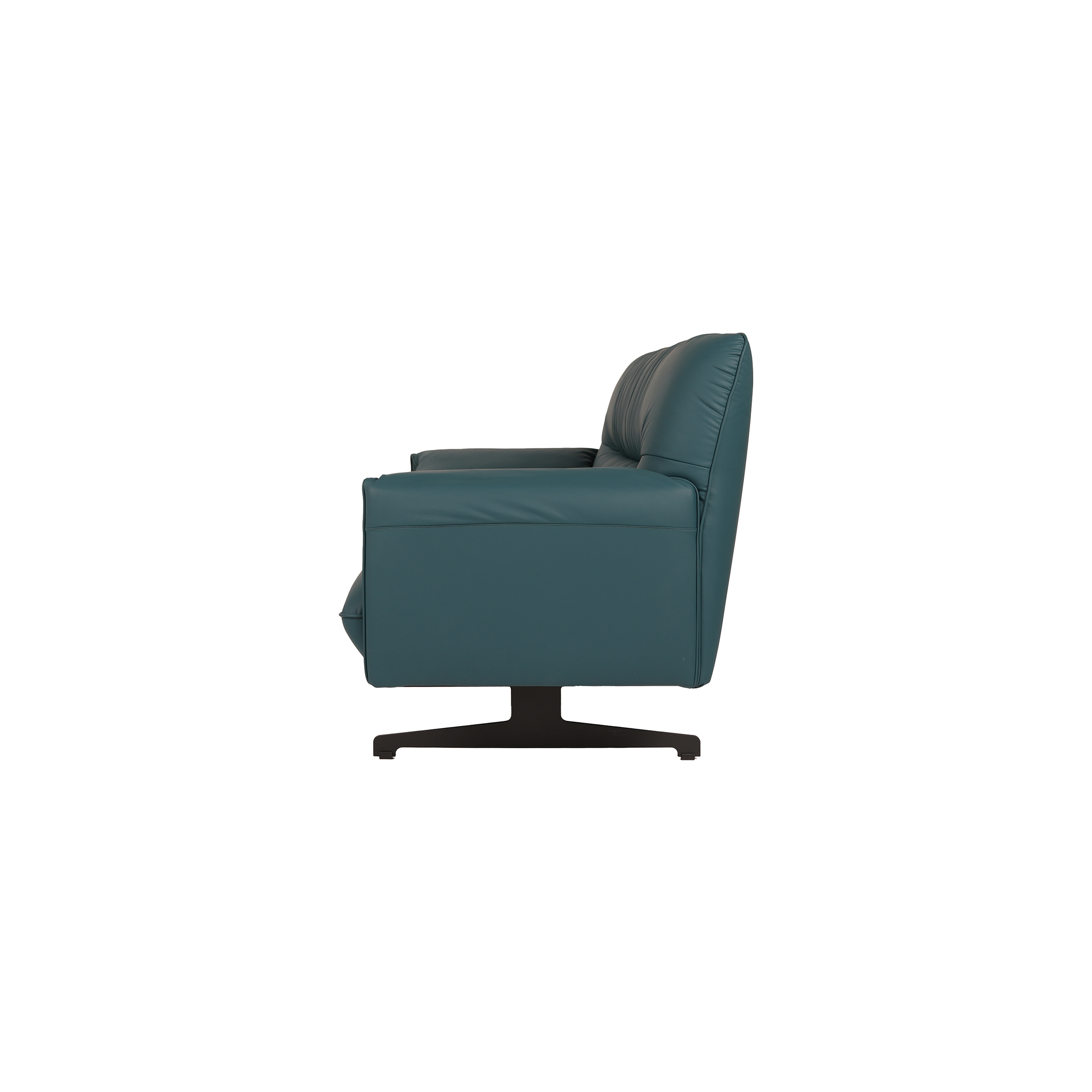 Dark green leather sofa with a modern design, featuring sleek armrests and black metal legs. The sofa exudes a minimalist and contemporary style.