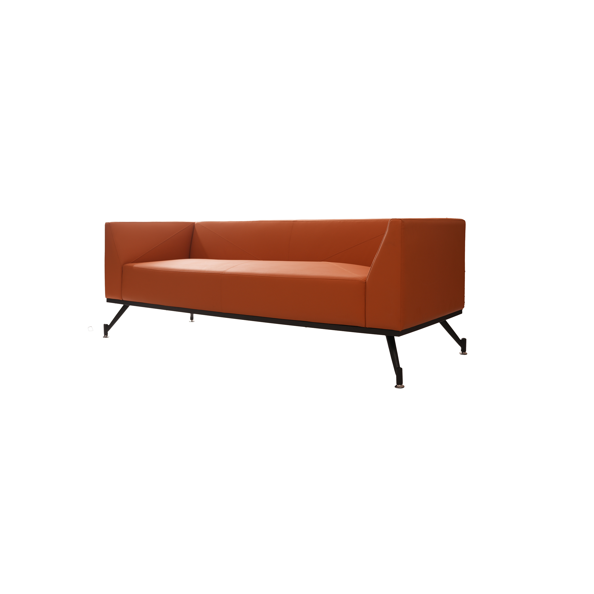 A modern, angular orange leather sofa with black metal legs. The sleek design and vibrant color convey a contemporary and stylish aesthetic.