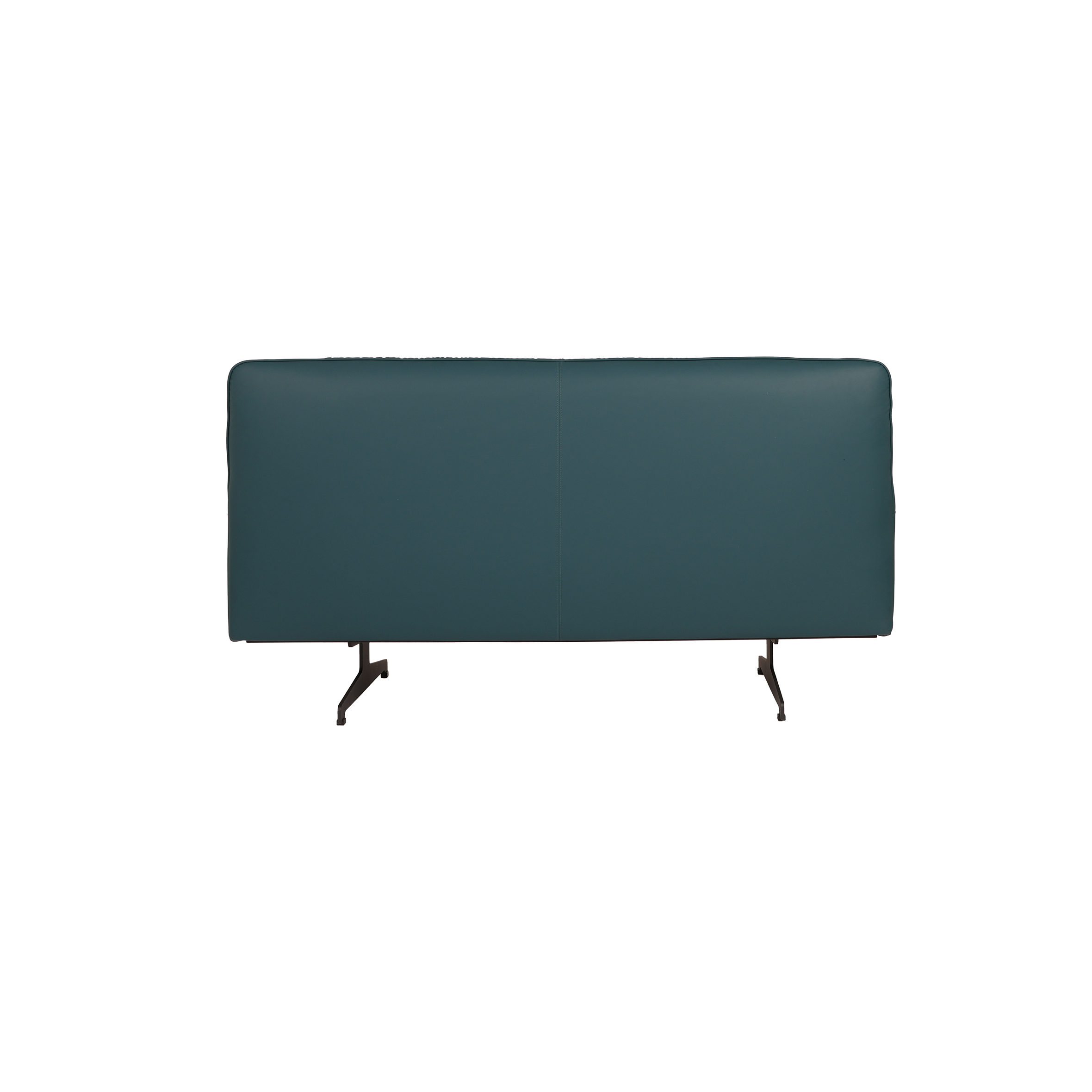 Dark green leather sofa with a modern design, featuring sleek armrests and black metal legs. The sofa exudes a minimalist and contemporary style.
