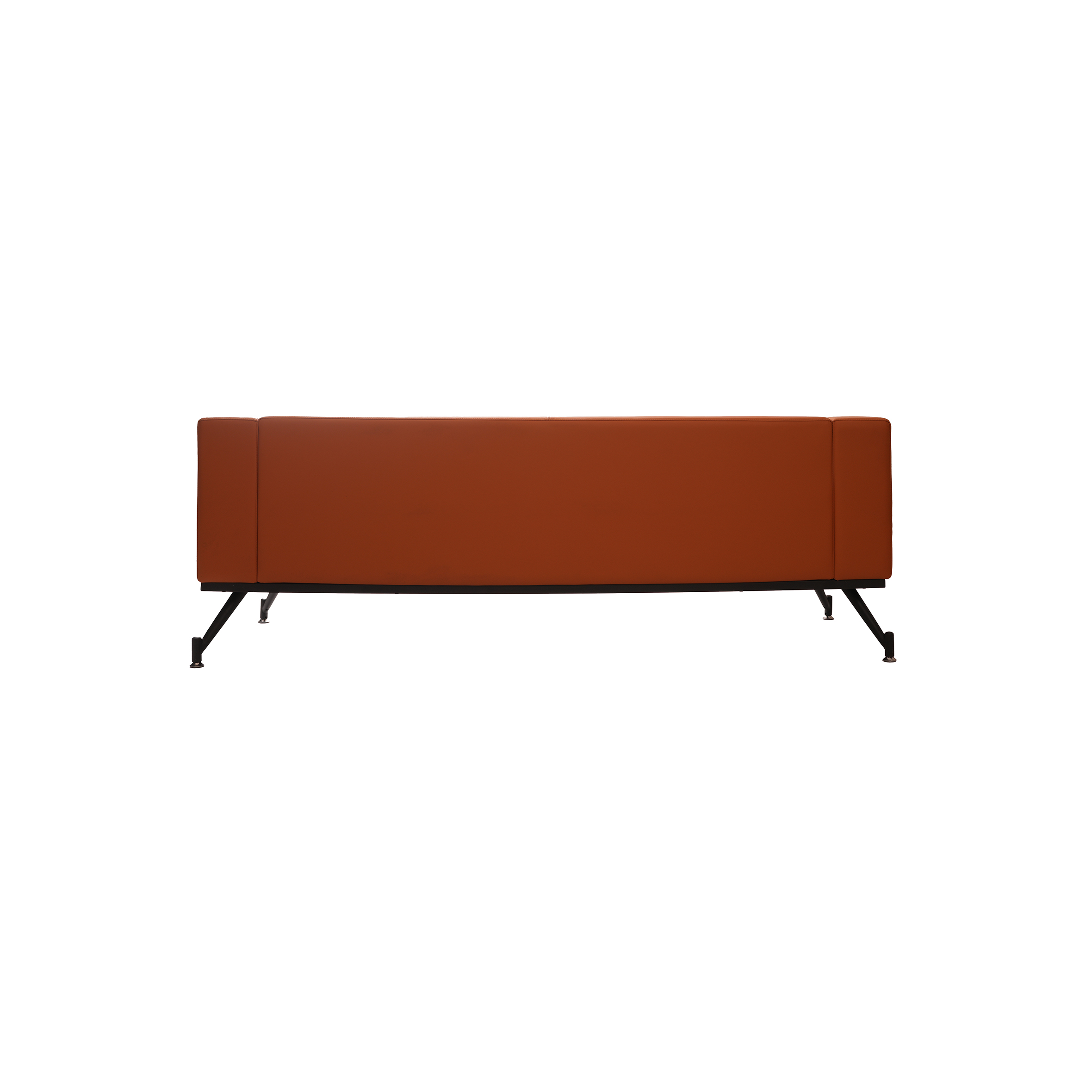 A modern, angular orange leather sofa with black metal legs. The sleek design and vibrant color convey a contemporary and stylish aesthetic.