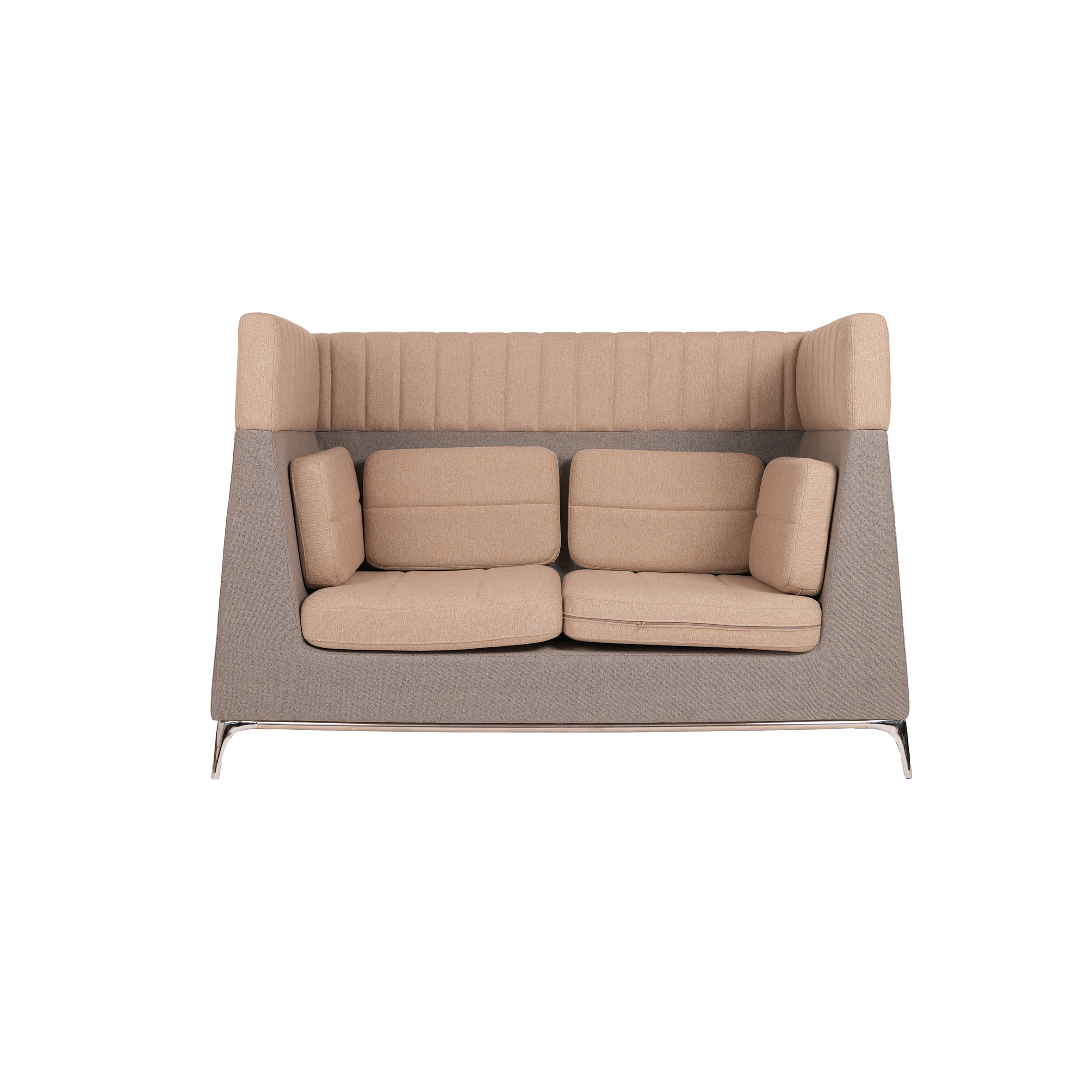 Luxurious, modern two-seater sofa with high back and sides, featuring beige cushions and a gray exterior. It exudes comfort and sophistication.