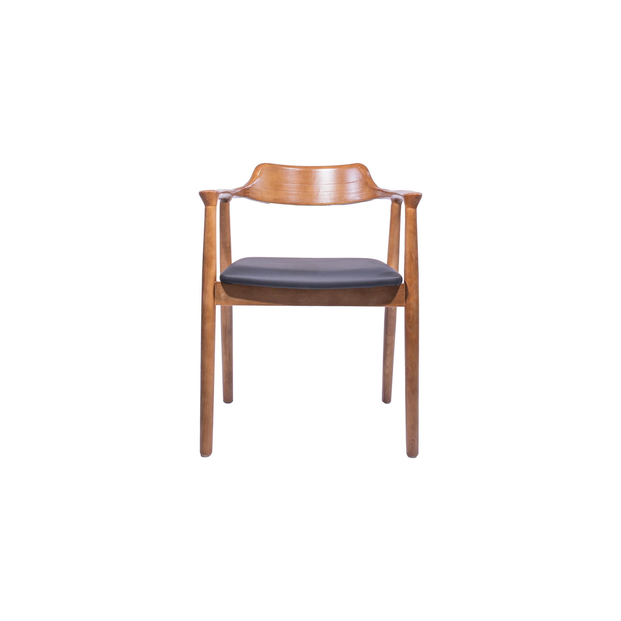 Mid-century modern chair with a curved wooden frame and black cushioned seat. The design is sleek and elegant, conveying a minimalist aesthetic.