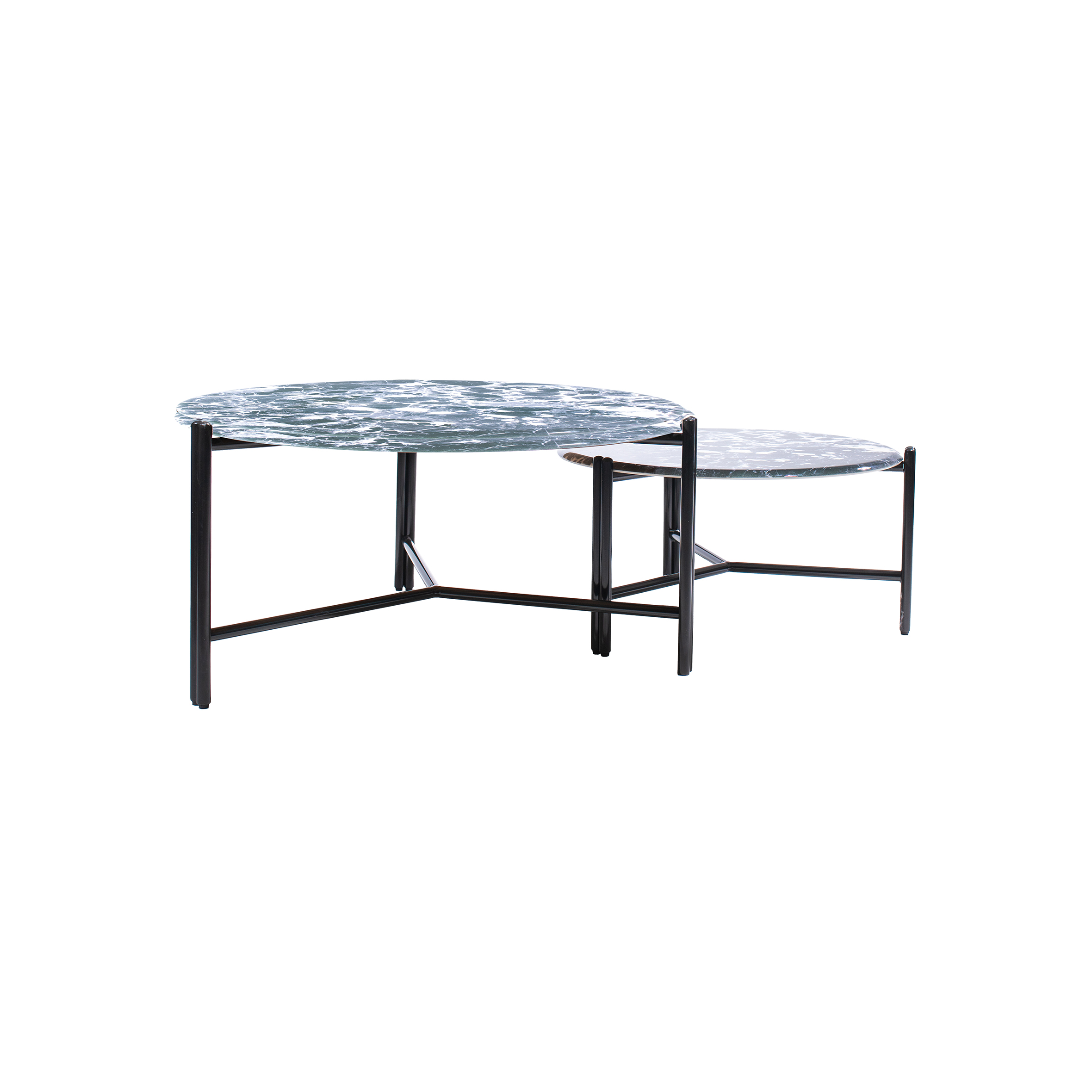 Two round tables with black and white marbled tops and sleek black metal legs. The tables overlap slightly, creating a modern and elegant look.