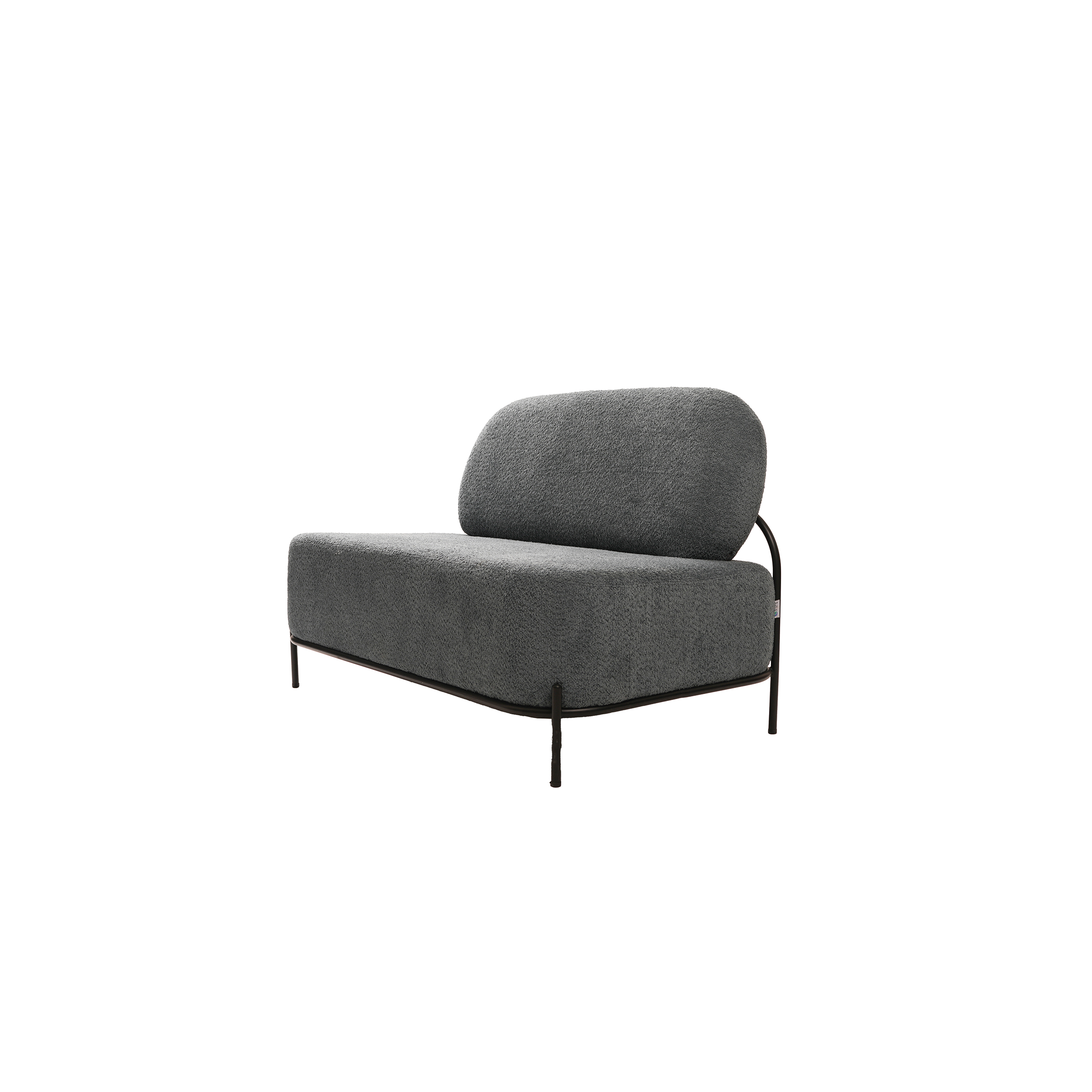 A modern loveseat with a curved design and plush gray upholstery. It has a minimalist black metal frame, conveying a sleek and contemporary feel.