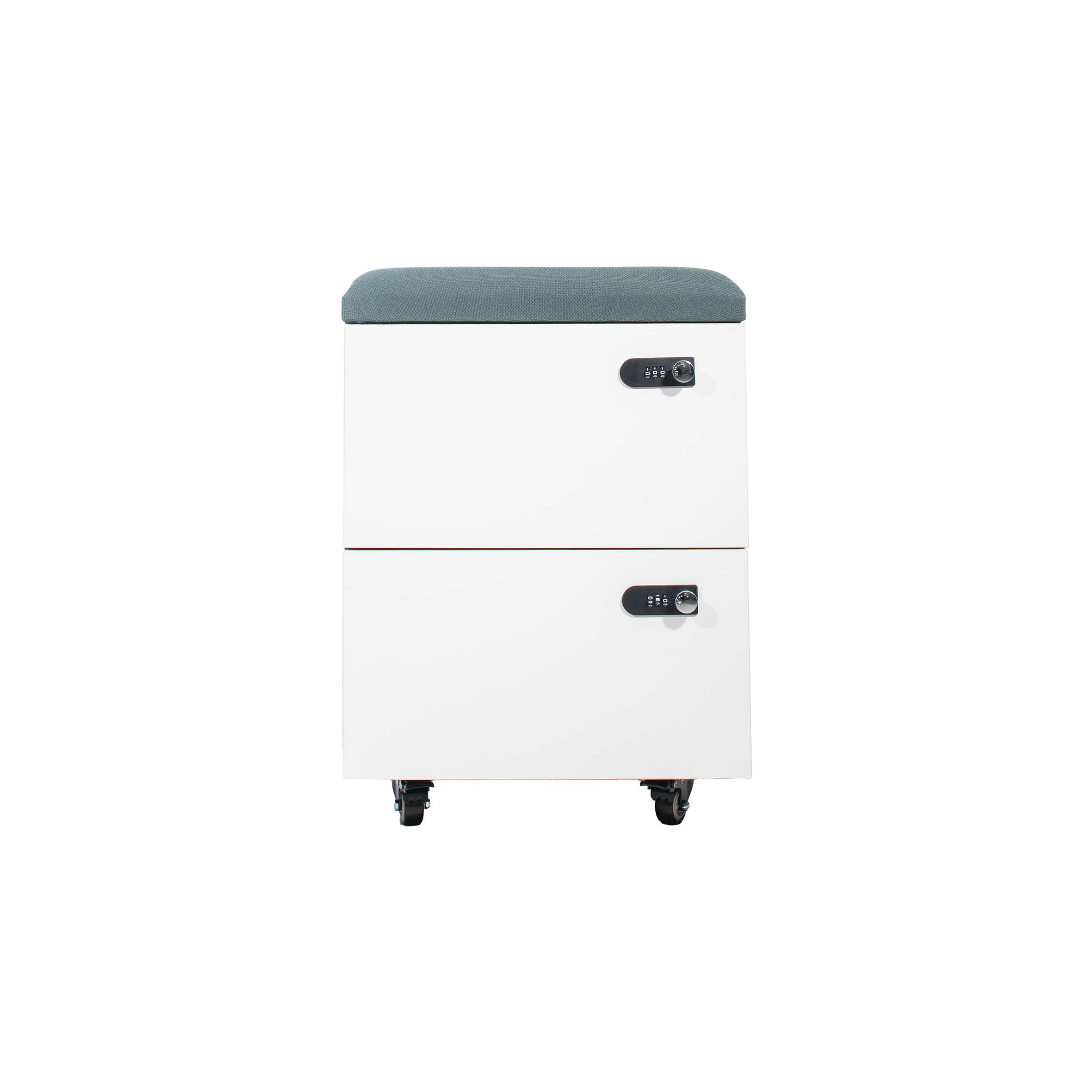 White rolling cabinet with a cushioned top, featuring two lockable drawers and wheels at the bottom. Sleek and modern design.