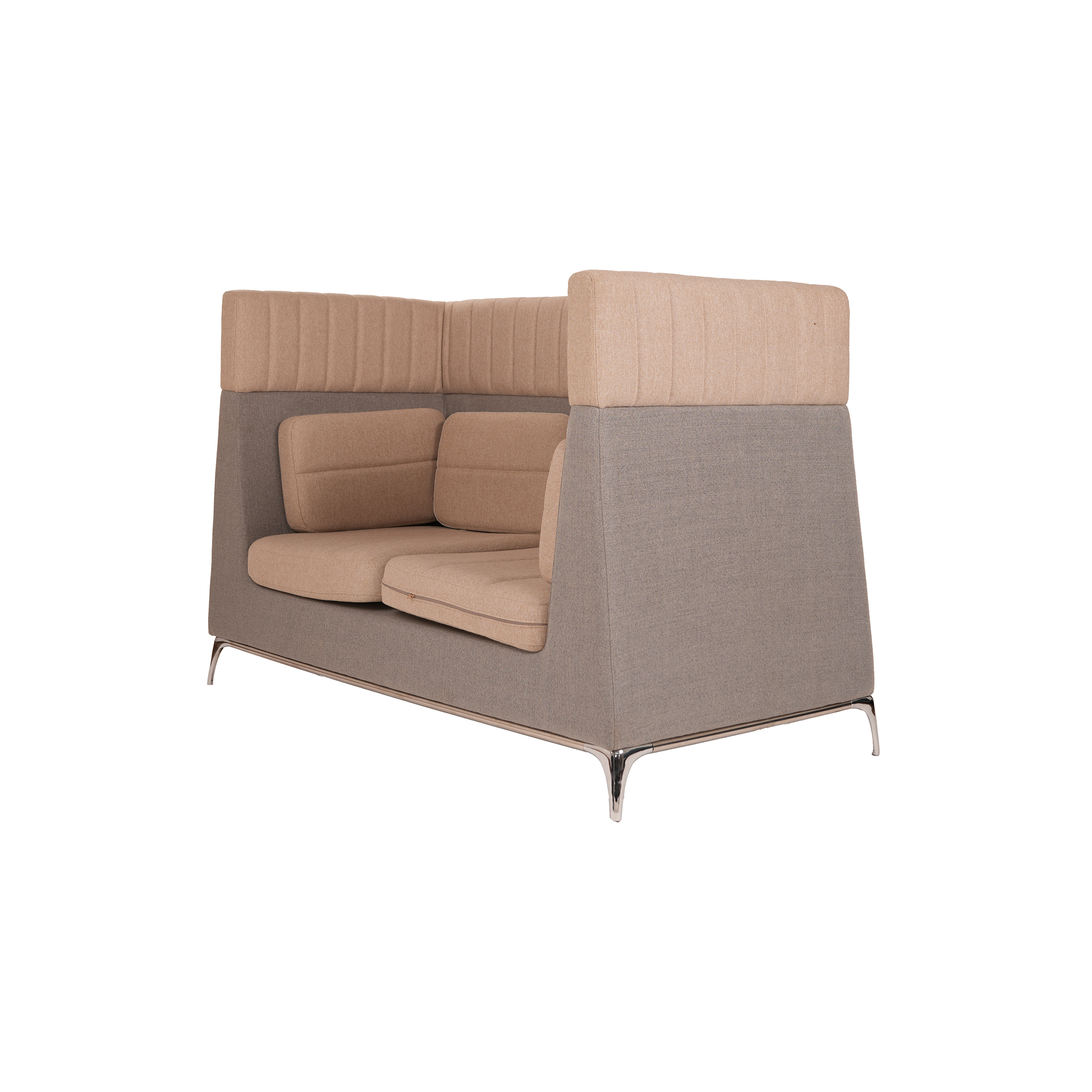 Luxurious, modern two-seater sofa with high back and sides, featuring beige cushions and a gray exterior. It exudes comfort and sophistication.