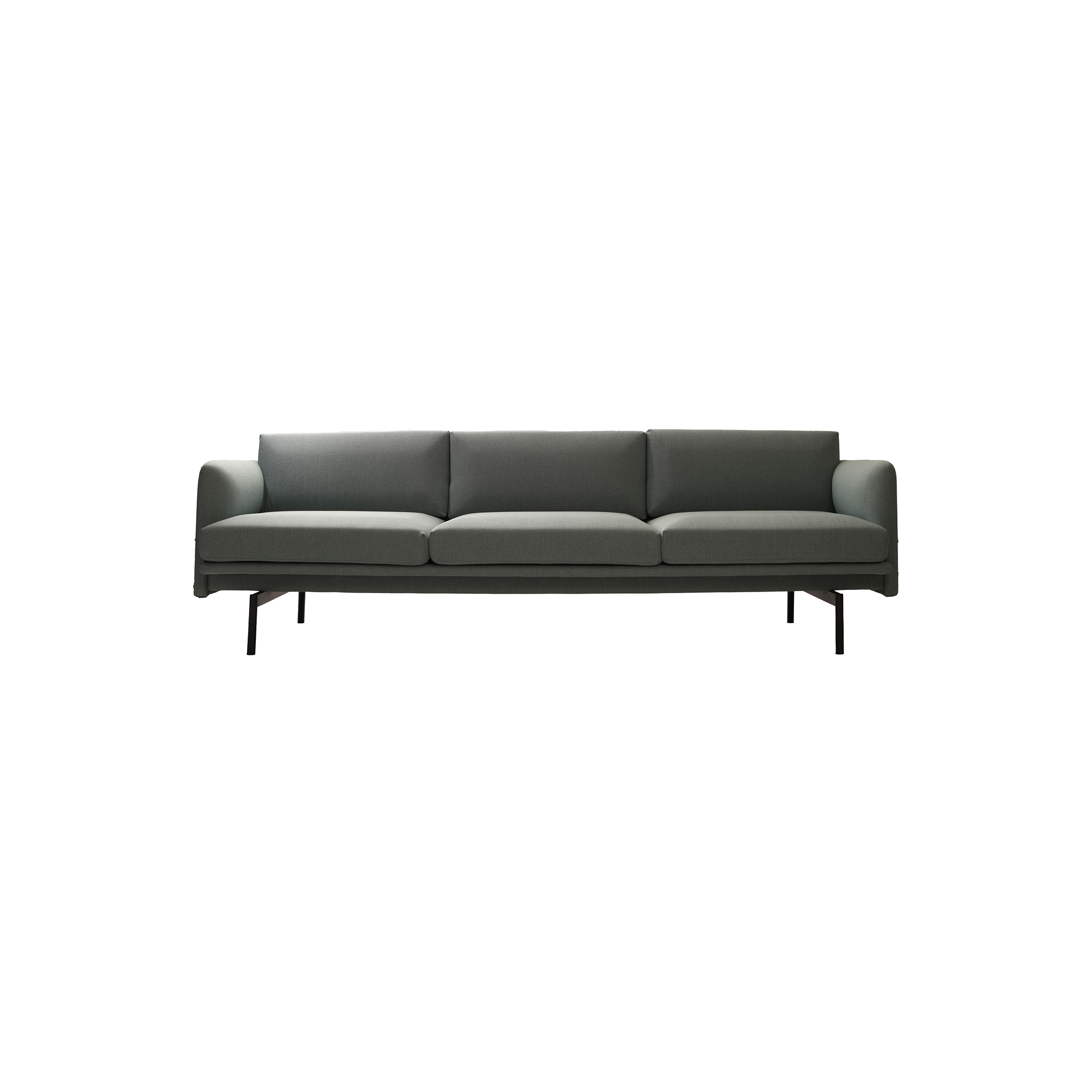 Gray modern three-seater sofa with clean lines and minimalist design on slender black metal legs, conveying a sleek, contemporary style.