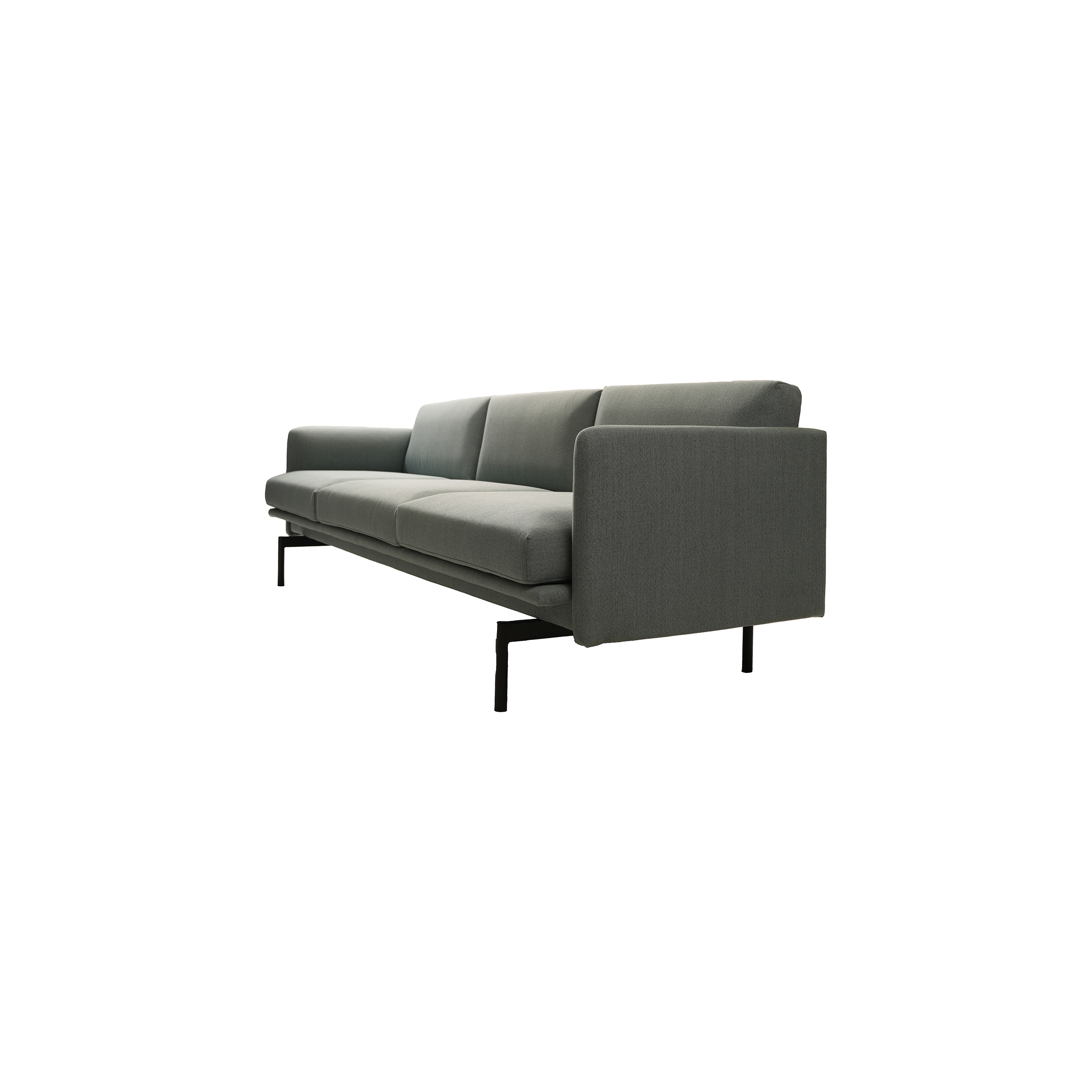 Gray modern three-seater sofa with clean lines and minimalist design on slender black metal legs, conveying a sleek, contemporary style.