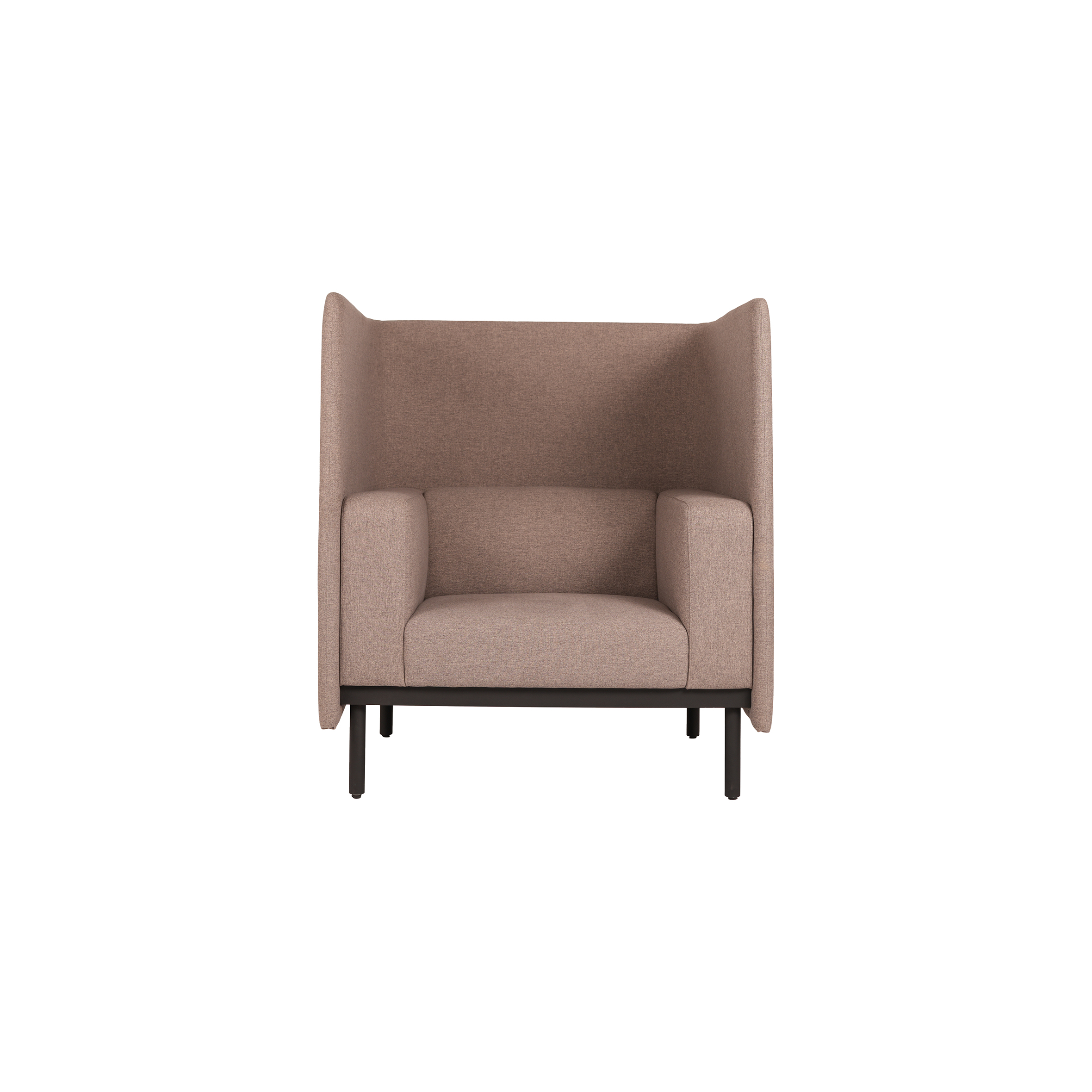 A stylish grey armchair with high, winged sides and black legs. The design is modern and minimalist, conveying a sense of comfort and elegance.