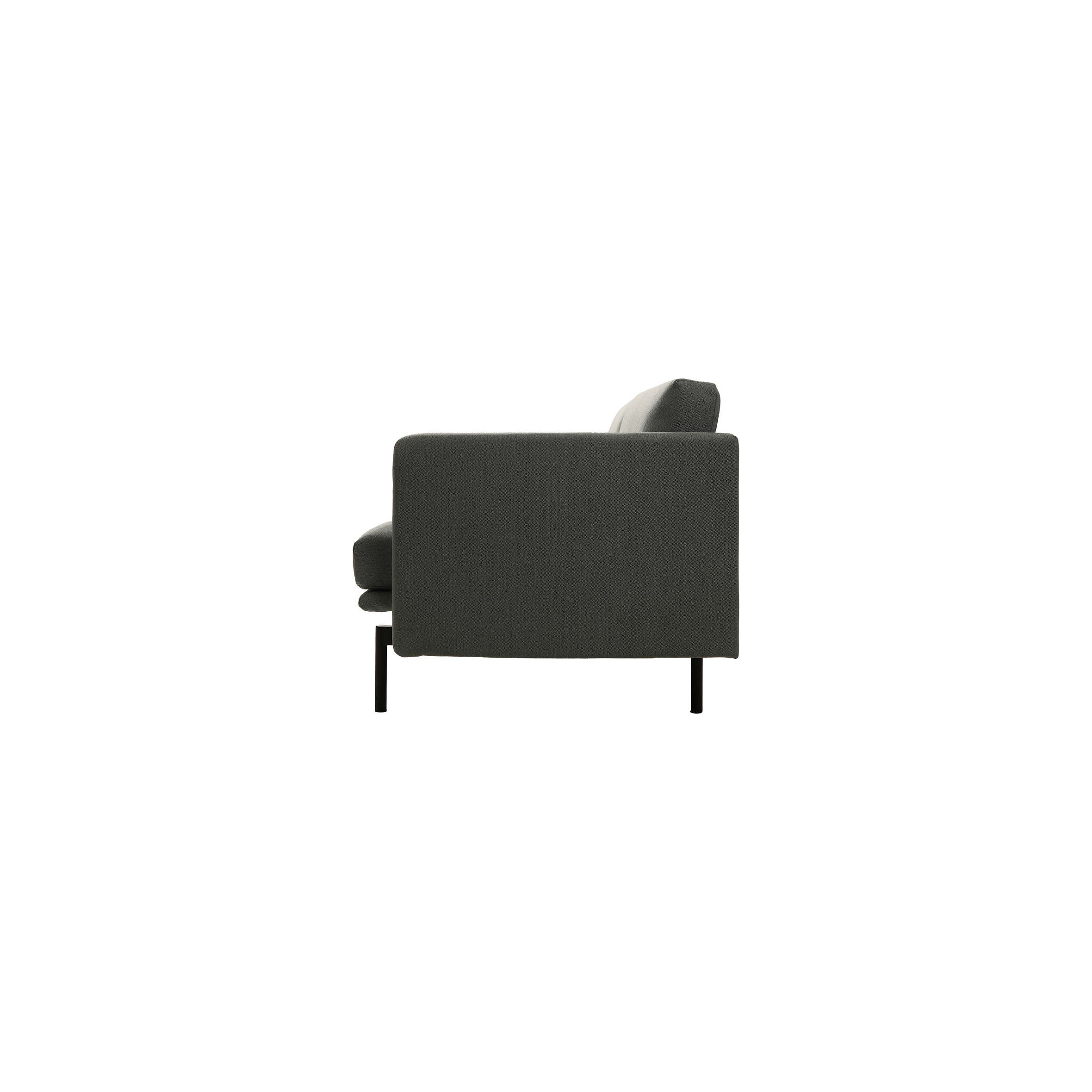 Gray modern three-seater sofa with clean lines and minimalist design on slender black metal legs, conveying a sleek, contemporary style.
