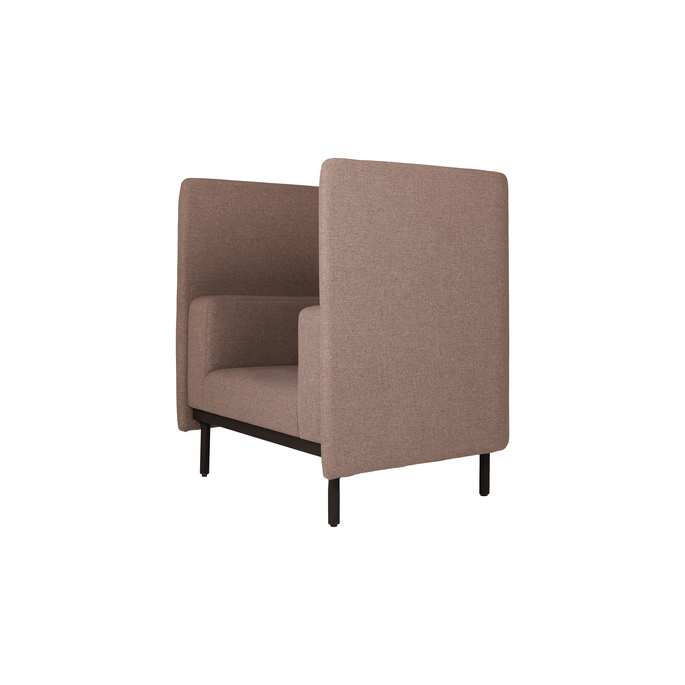 A stylish grey armchair with high, winged sides and black legs. The design is modern and minimalist, conveying a sense of comfort and elegance.