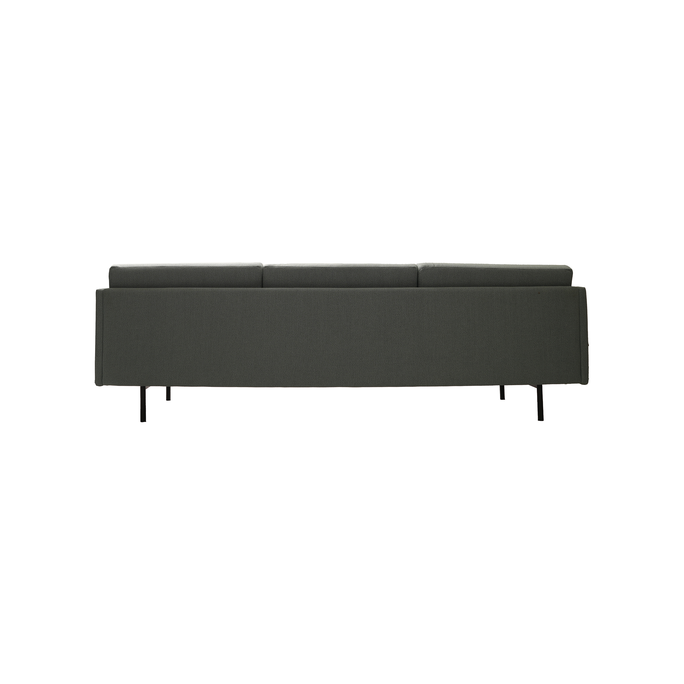 Gray modern three-seater sofa with clean lines and minimalist design on slender black metal legs, conveying a sleek, contemporary style.