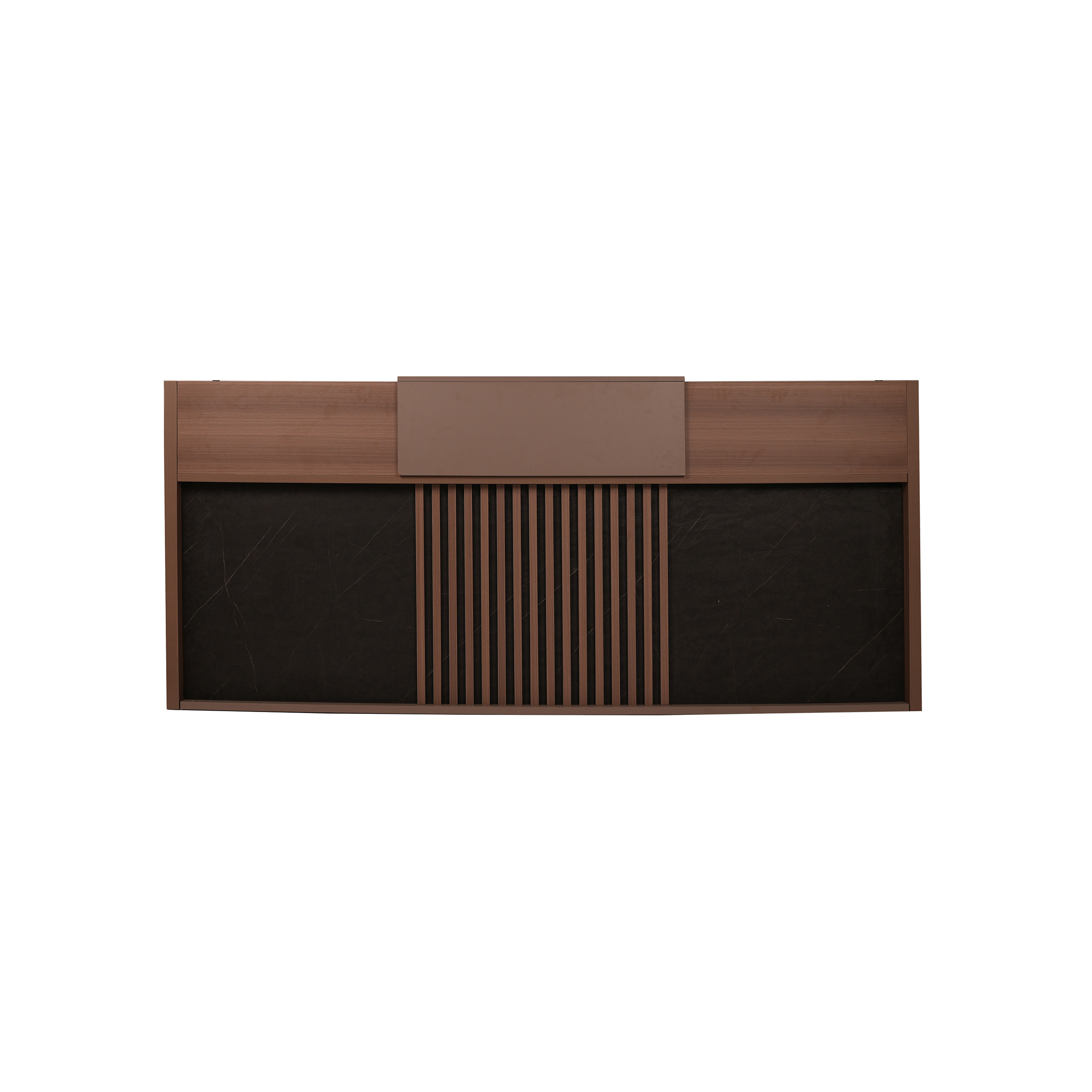 Wooden headboard with vertical slats at the center, flanked by black panels. The design is simple and modern, conveying elegance and sophistication.