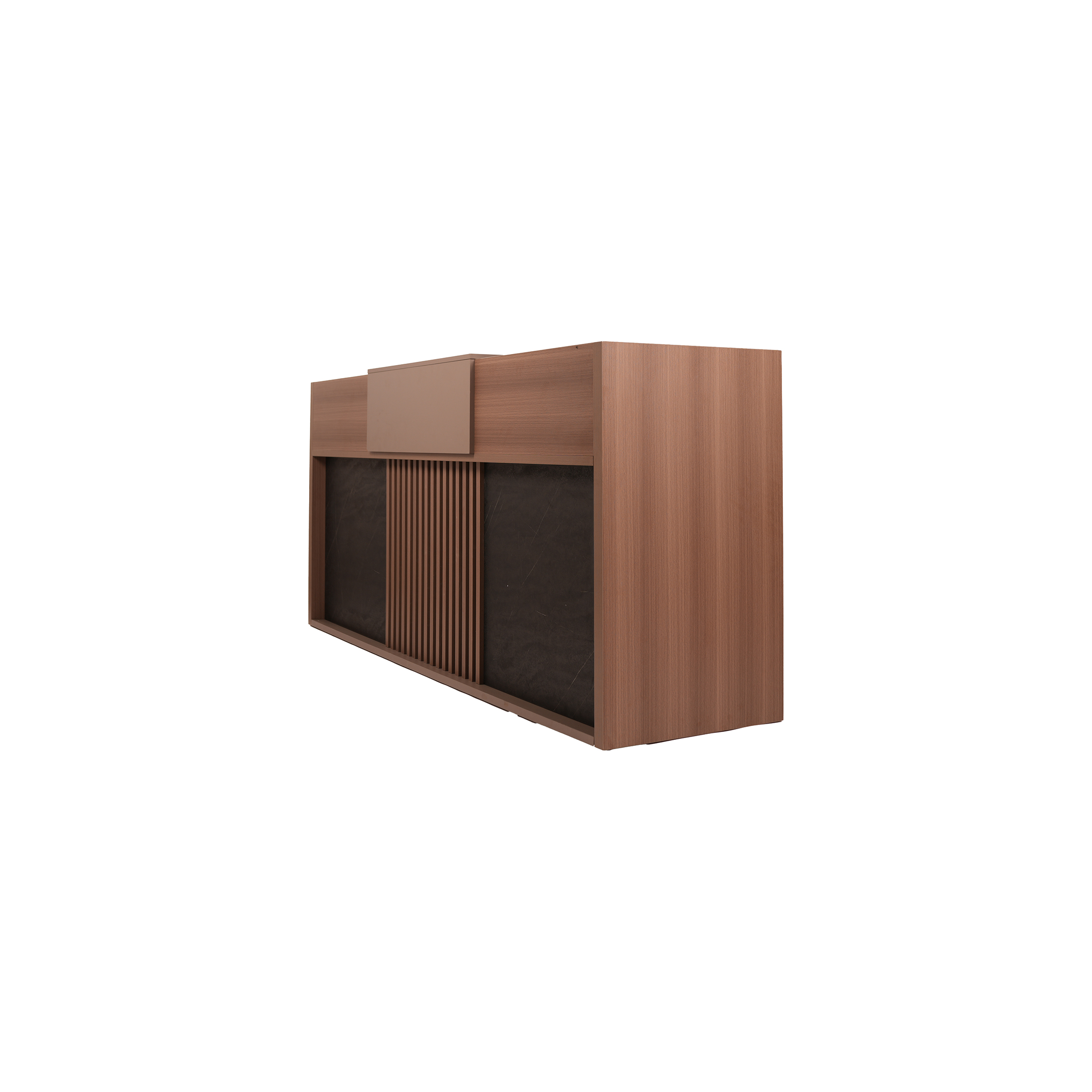Wooden headboard with vertical slats at the center, flanked by black panels. The design is simple and modern, conveying elegance and sophistication.