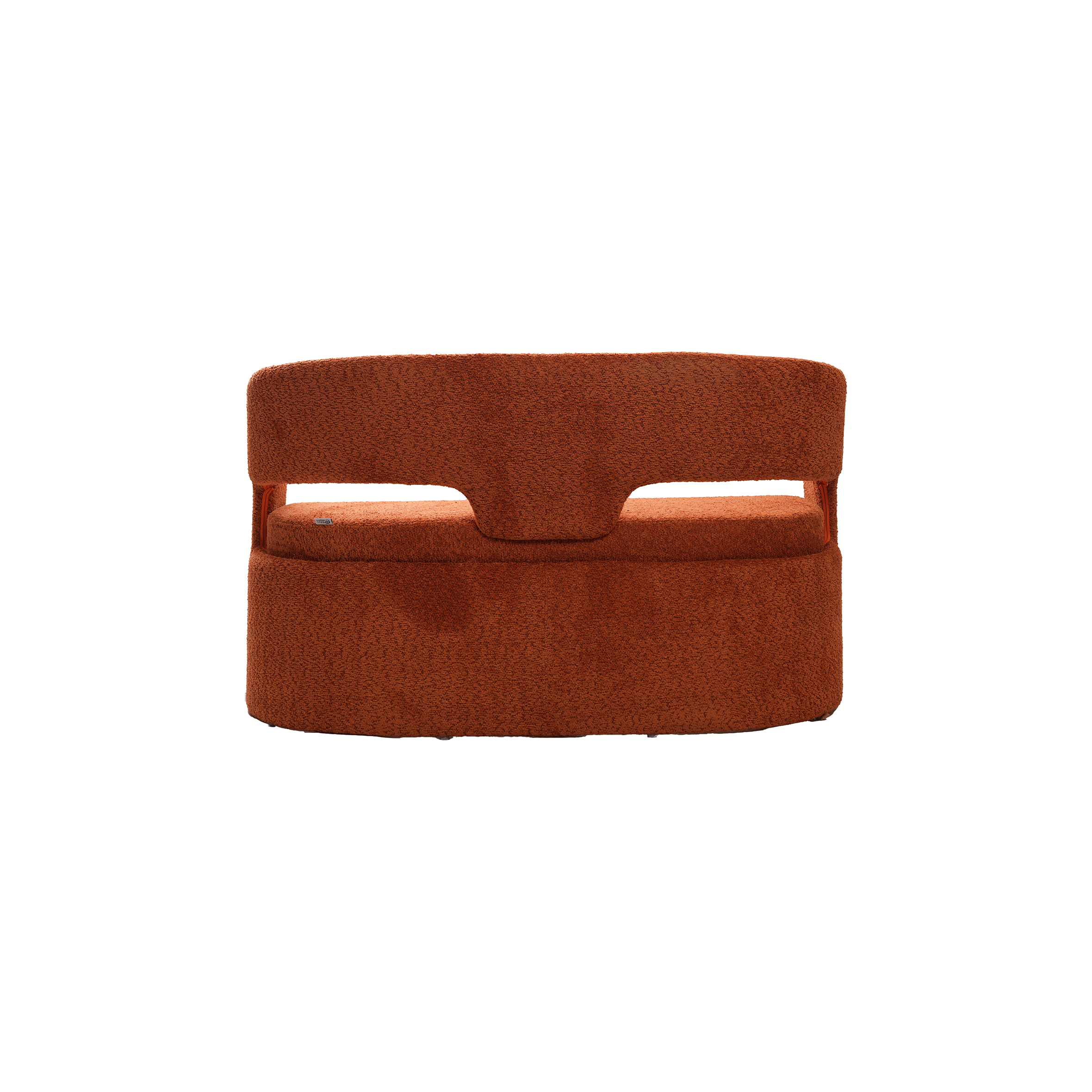 Modern curved rust-colored sofa with a sleek, minimalistic design and plush texture. The sofa's geometric cutouts add a contemporary and cozy feel.