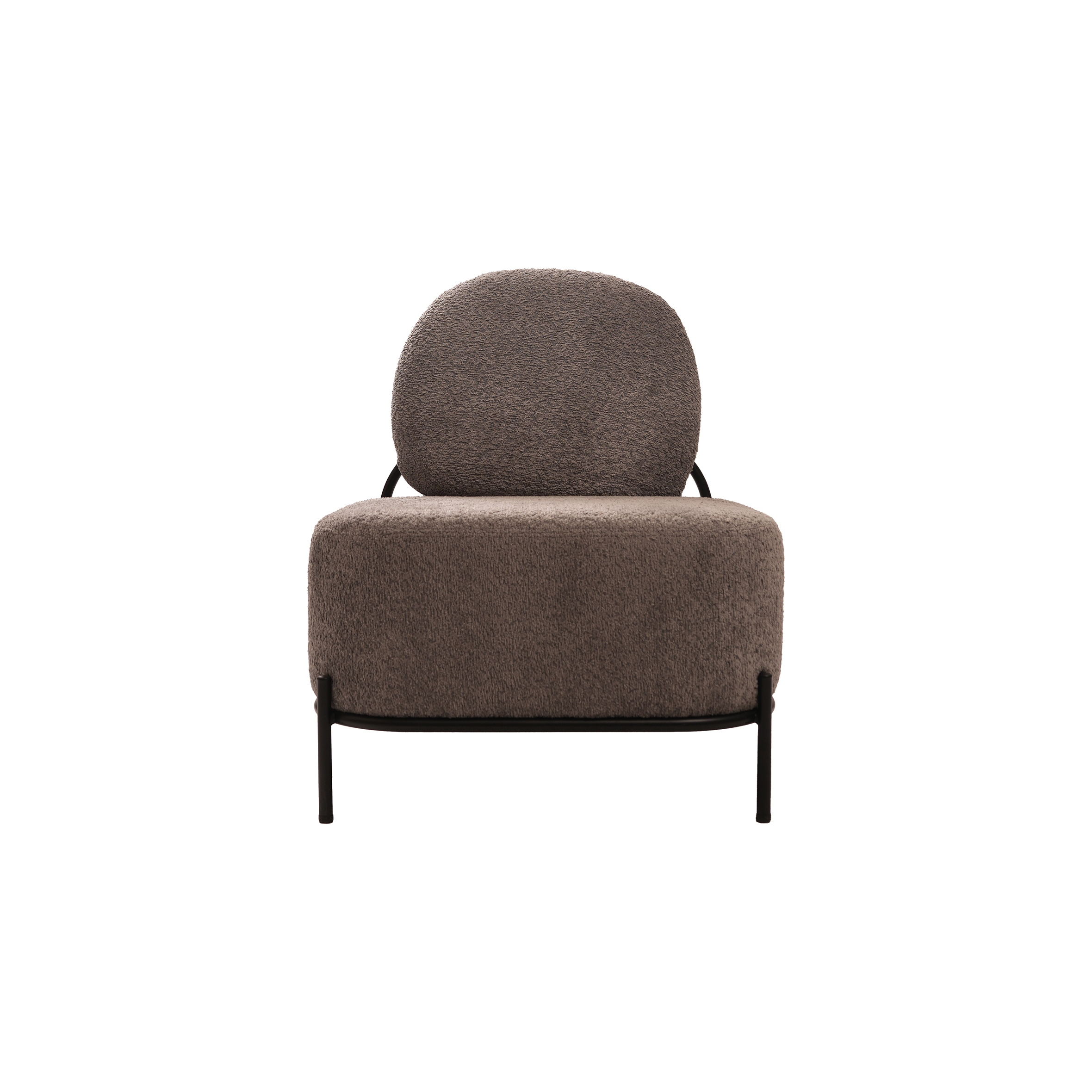 Contemporary sofa with plush brown fabric, rounded backrest, and sleek black metal legs. Minimalist design conveys comfort and modern elegance.