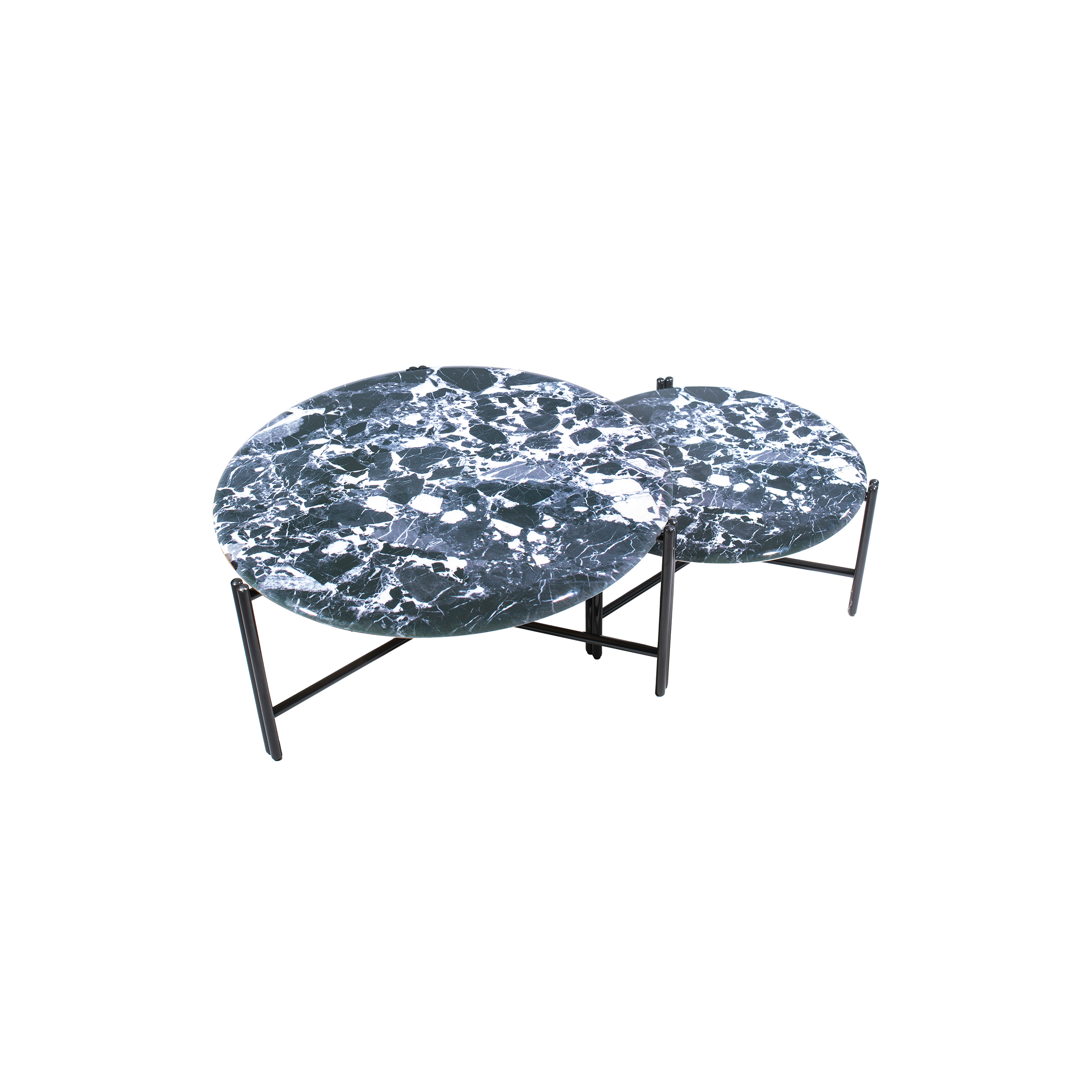 Two round tables with black and white marbled tops and sleek black metal legs. The tables overlap slightly, creating a modern and elegant look.