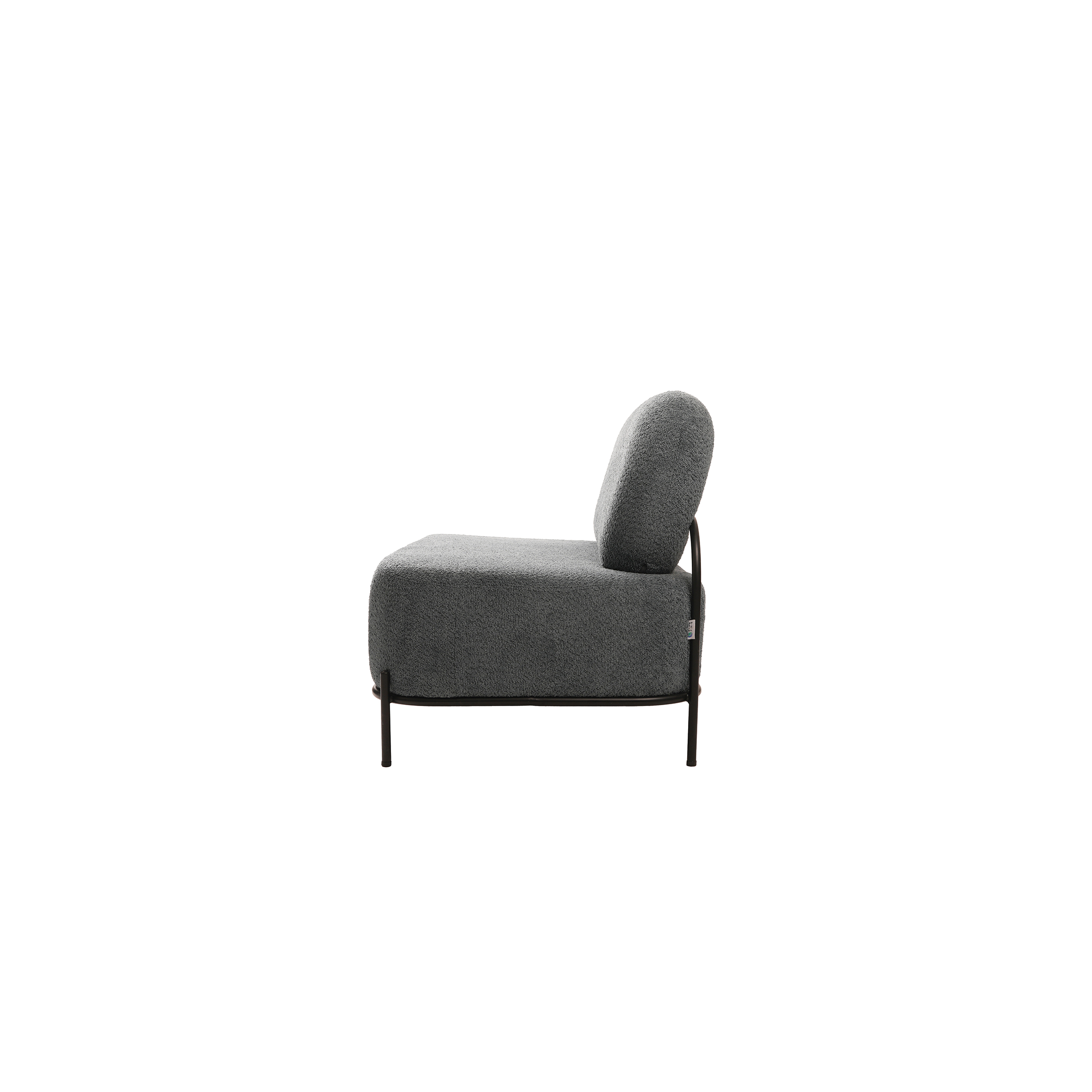 A modern loveseat with a curved design and plush gray upholstery. It has a minimalist black metal frame, conveying a sleek and contemporary feel.
