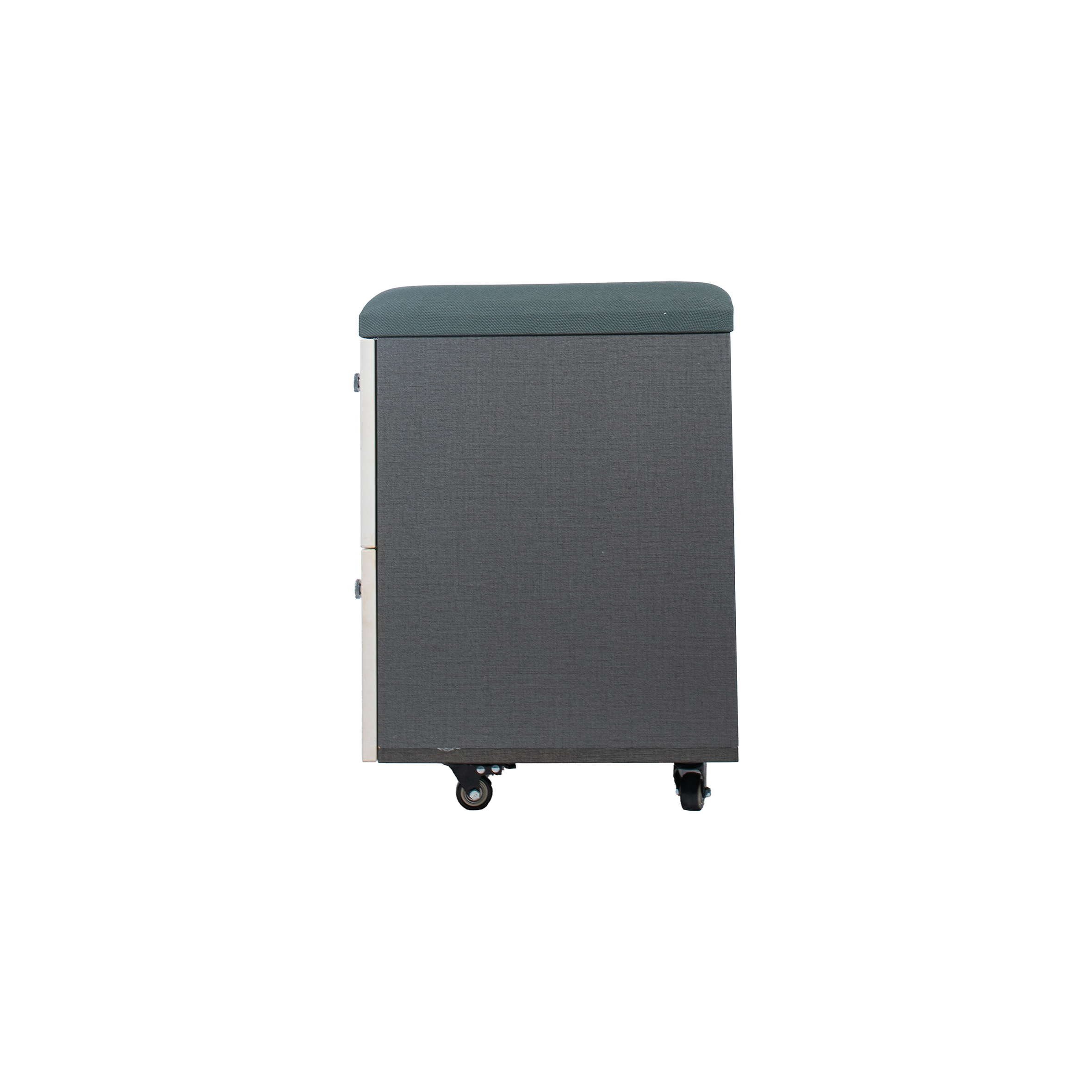 White rolling cabinet with a cushioned top, featuring two lockable drawers and wheels at the bottom. Sleek and modern design.