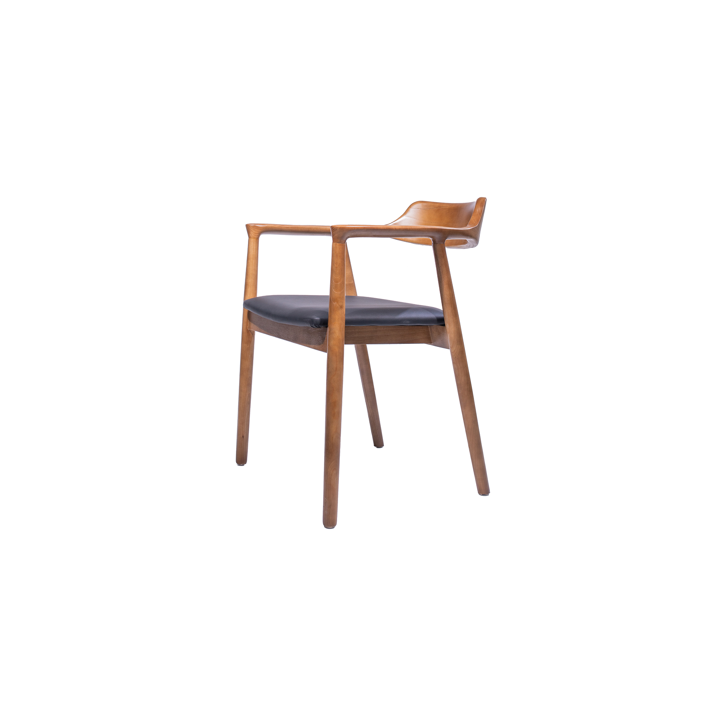 Mid-century modern chair with a curved wooden frame and black cushioned seat. The design is sleek and elegant, conveying a minimalist aesthetic.