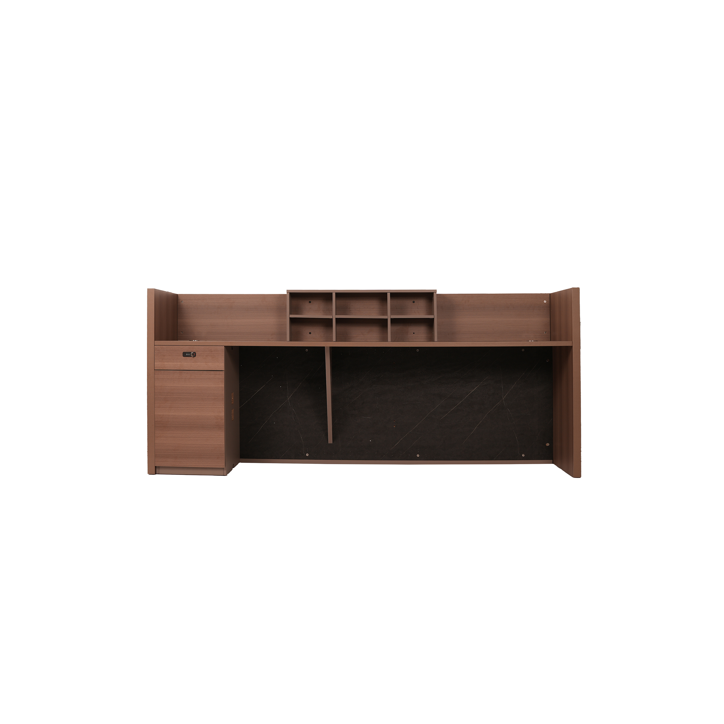 Wooden headboard with vertical slats at the center, flanked by black panels. The design is simple and modern, conveying elegance and sophistication.
