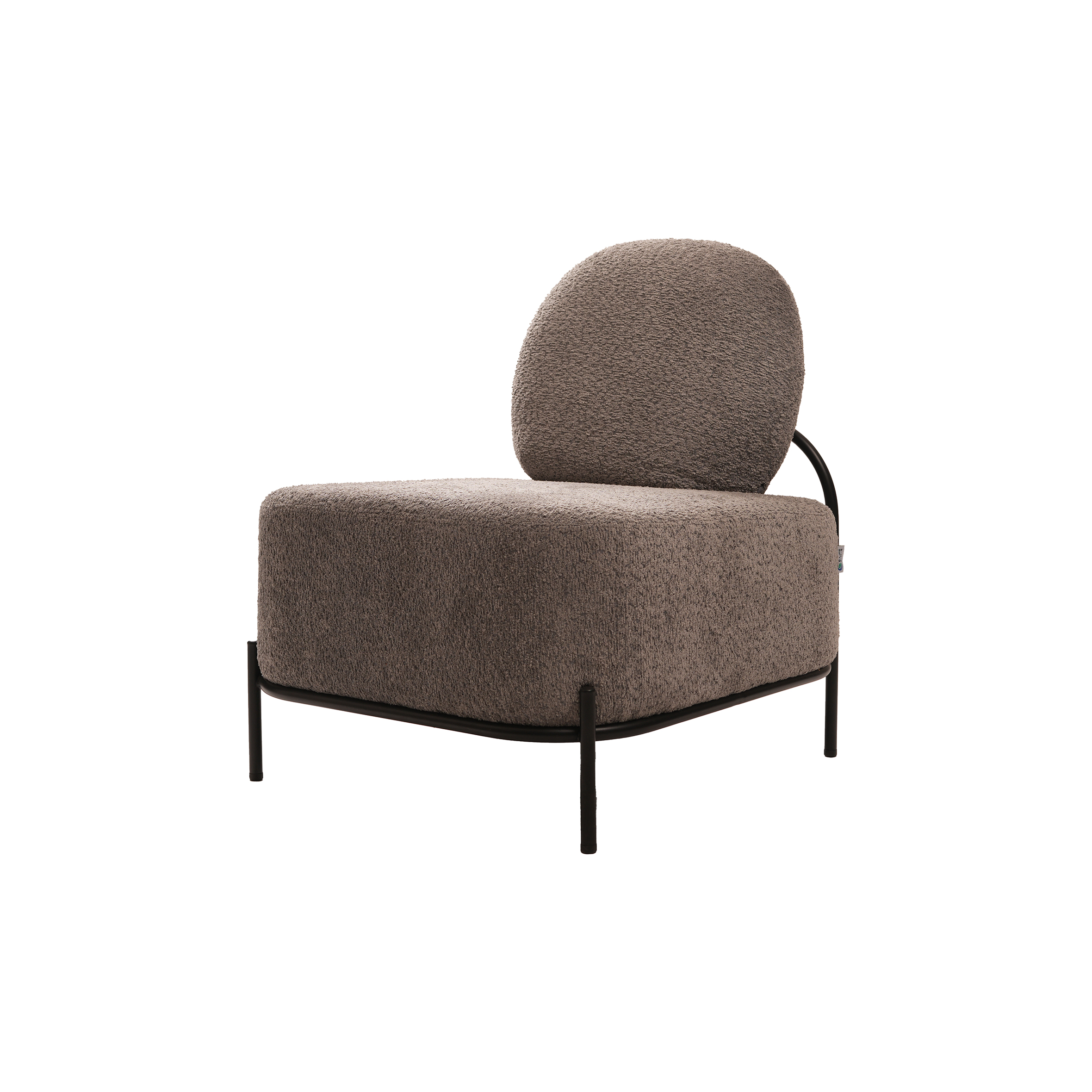 Contemporary sofa with plush brown fabric, rounded backrest, and sleek black metal legs. Minimalist design conveys comfort and modern elegance.